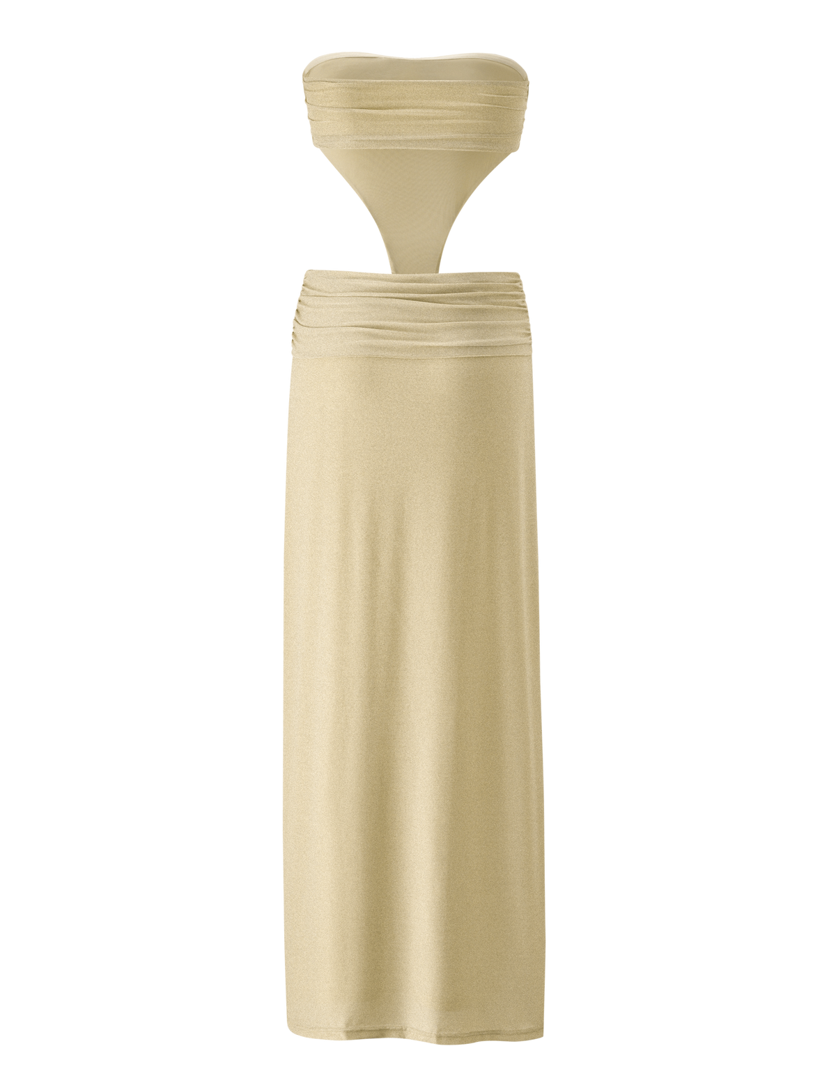 The KYNLEE 2.0 MAXI DRESS - GOLD by TIGERMIST is a strapless, light gold two-piece set with a bandeau top and high-waisted, ankle-length ruched skirt featuring cut-out midriff detailing.