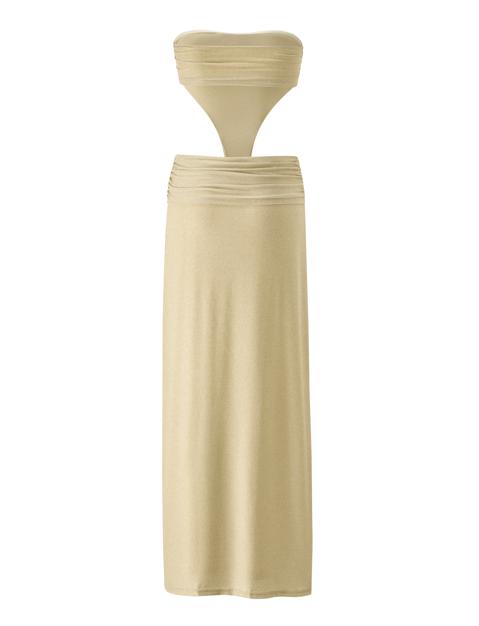 The KYNLEE 2.0 MAXI DRESS - GOLD by TIGERMIST is a strapless, light gold two-piece set with a bandeau top and high-waisted, ankle-length ruched skirt featuring cut-out midriff detailing.
