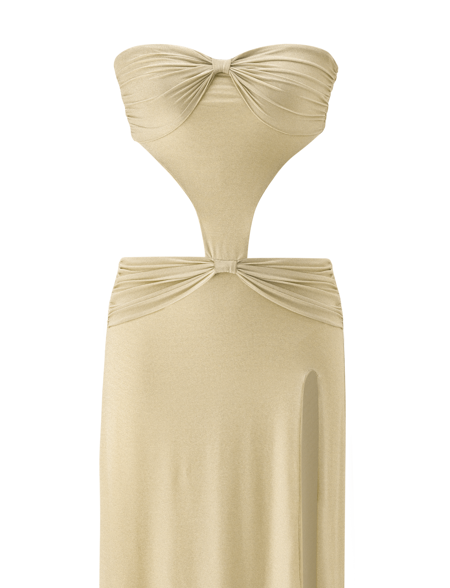 Introducing the KYNLEE 2.0 MAXI DRESS - GOLD by TIGERMIST: a strapless light gold mesh dress featuring a ruched bandeau top, front waist cut-out, gathered hip detail, and high slit—perfect for an elegant evening look.