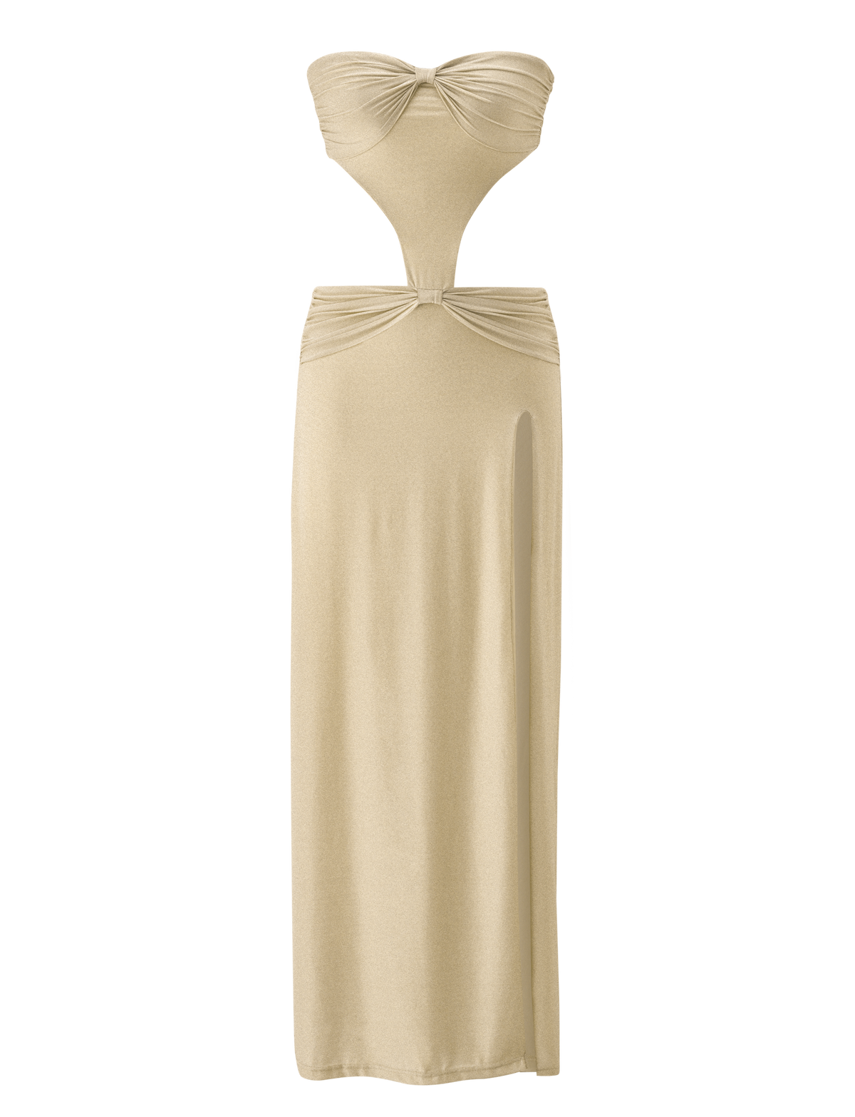 The KYNLEE 2.0 MAXI DRESS in Gold by TIGERMIST features a gathered bandeau top, cutout midsection, and a long straight skirt with a high side slit—ideal for anyone seeking an elegant, sparkling maxi dress.