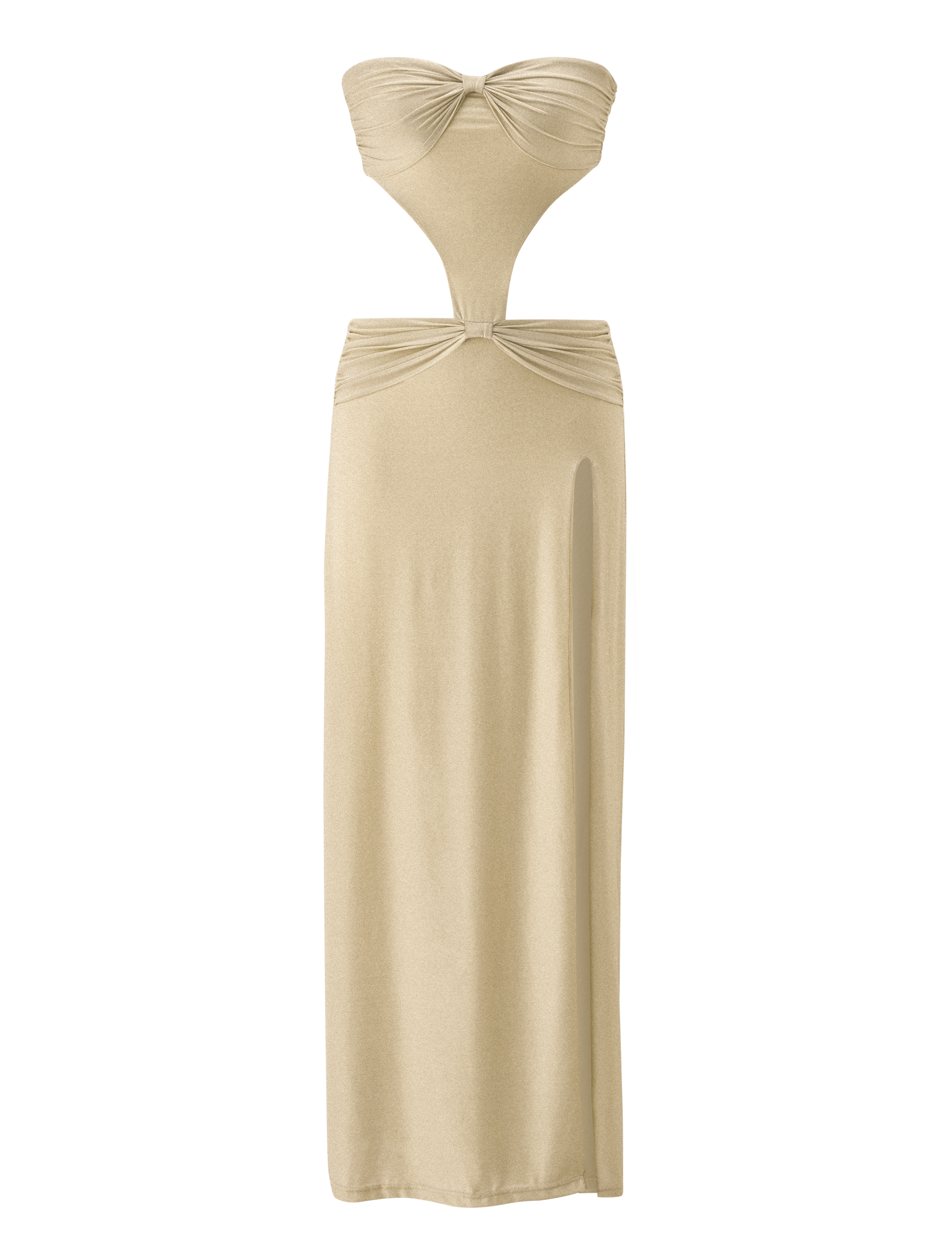 The KYNLEE 2.0 MAXI DRESS in Gold by TIGERMIST features a gathered bandeau top, cutout midsection, and a long straight skirt with a high side slit—ideal for anyone seeking an elegant, sparkling maxi dress.