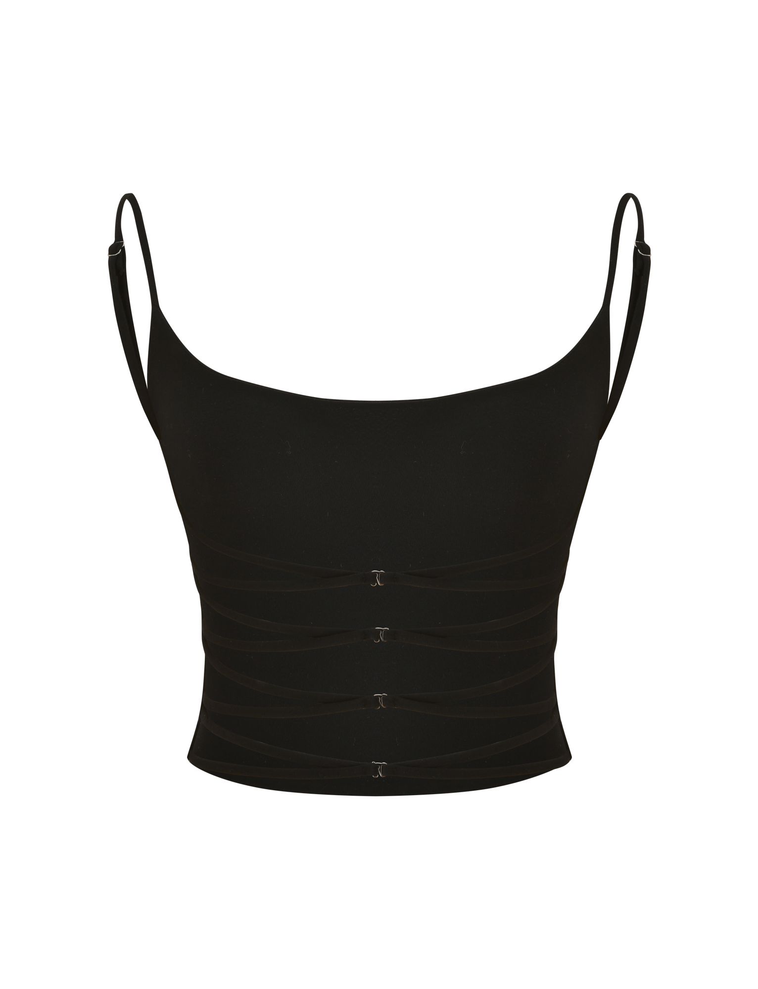 The MINERVA TOP - BLACK by TIGERMIST is a black singlet with adjustable spaghetti straps, a scoop neckline, and four horizontal front hook closures.