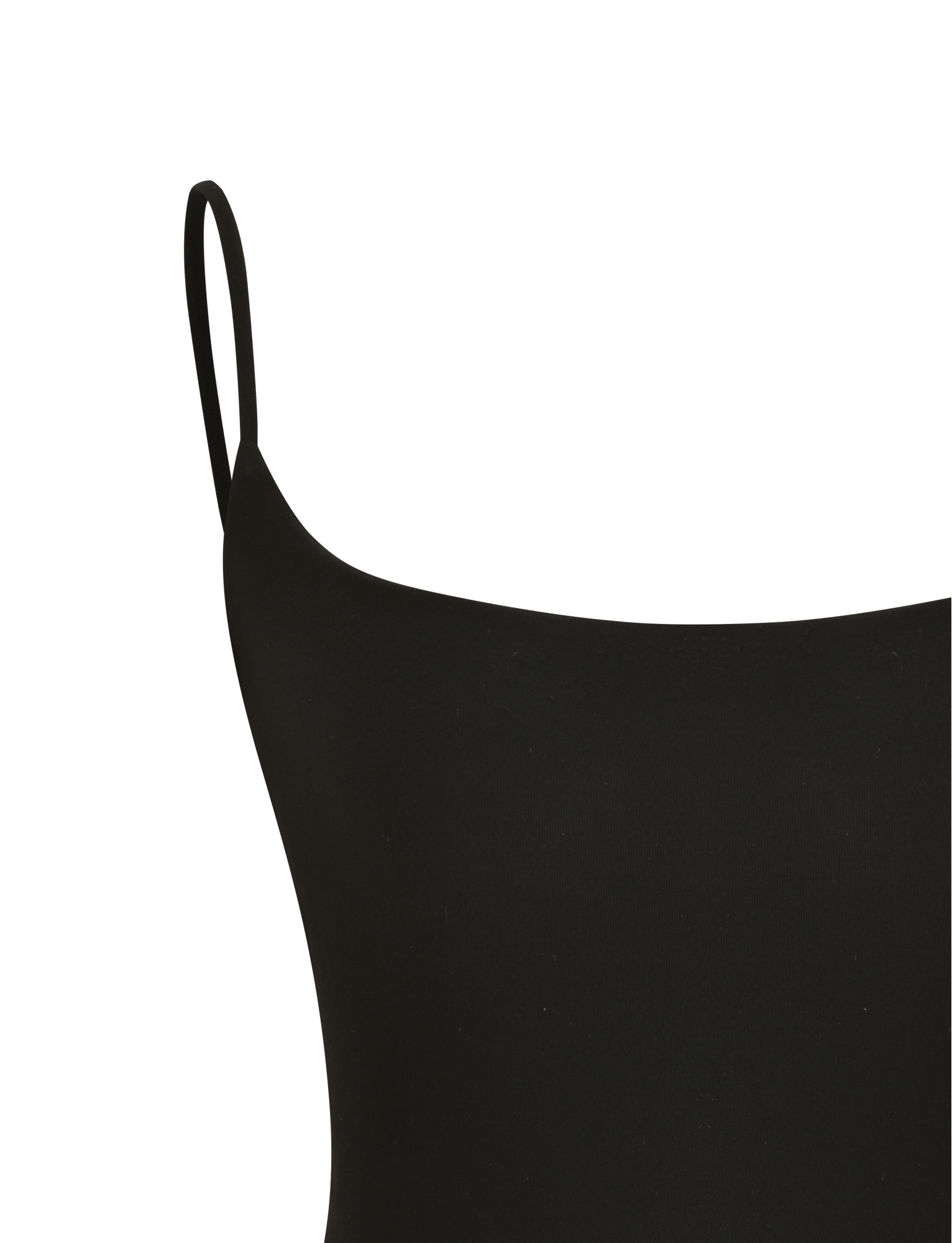 A close-up of the TIGERMIST MINERVA TOP in black, featuring adjustable spaghetti straps and a smooth, fitted fabric, displayed against a plain white background.