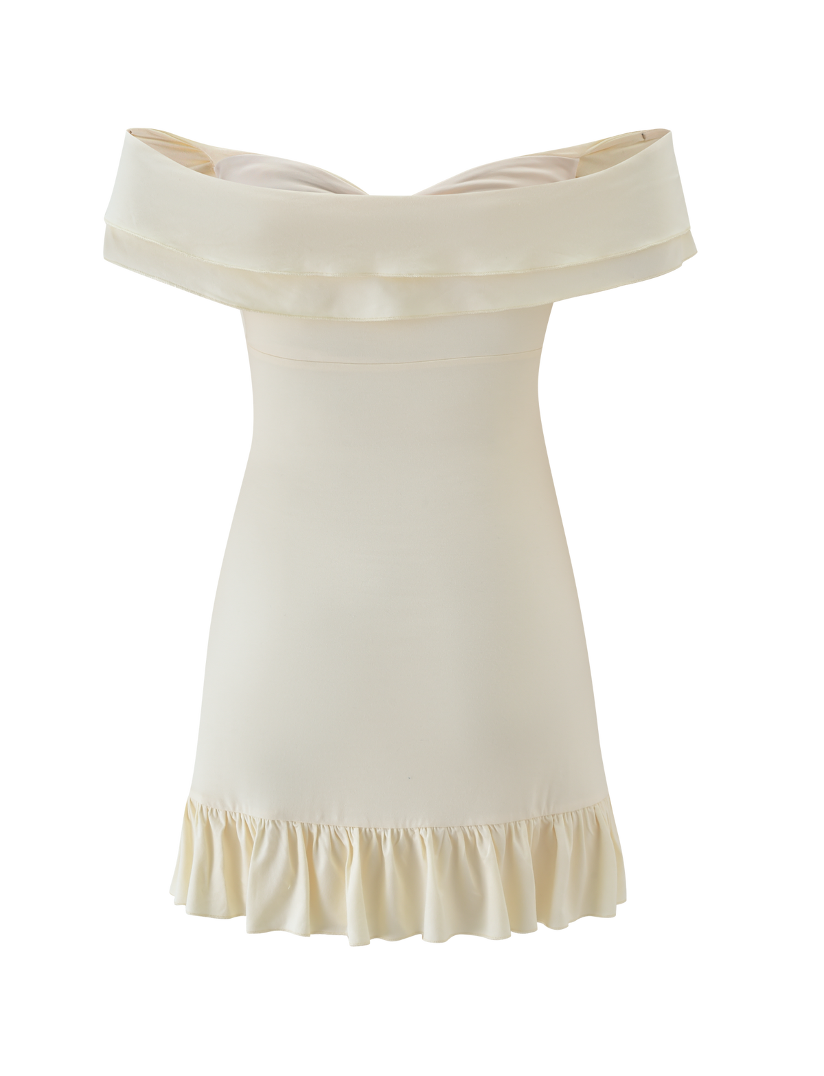 The DENALI MINI DRESS 2.0 - CREAM by TIGERMIST features an off-the-shoulder wide neckline, fitted bodice, and ruffled hem. Its smooth, elegant texture and chic design make it perfect for any occasion.
