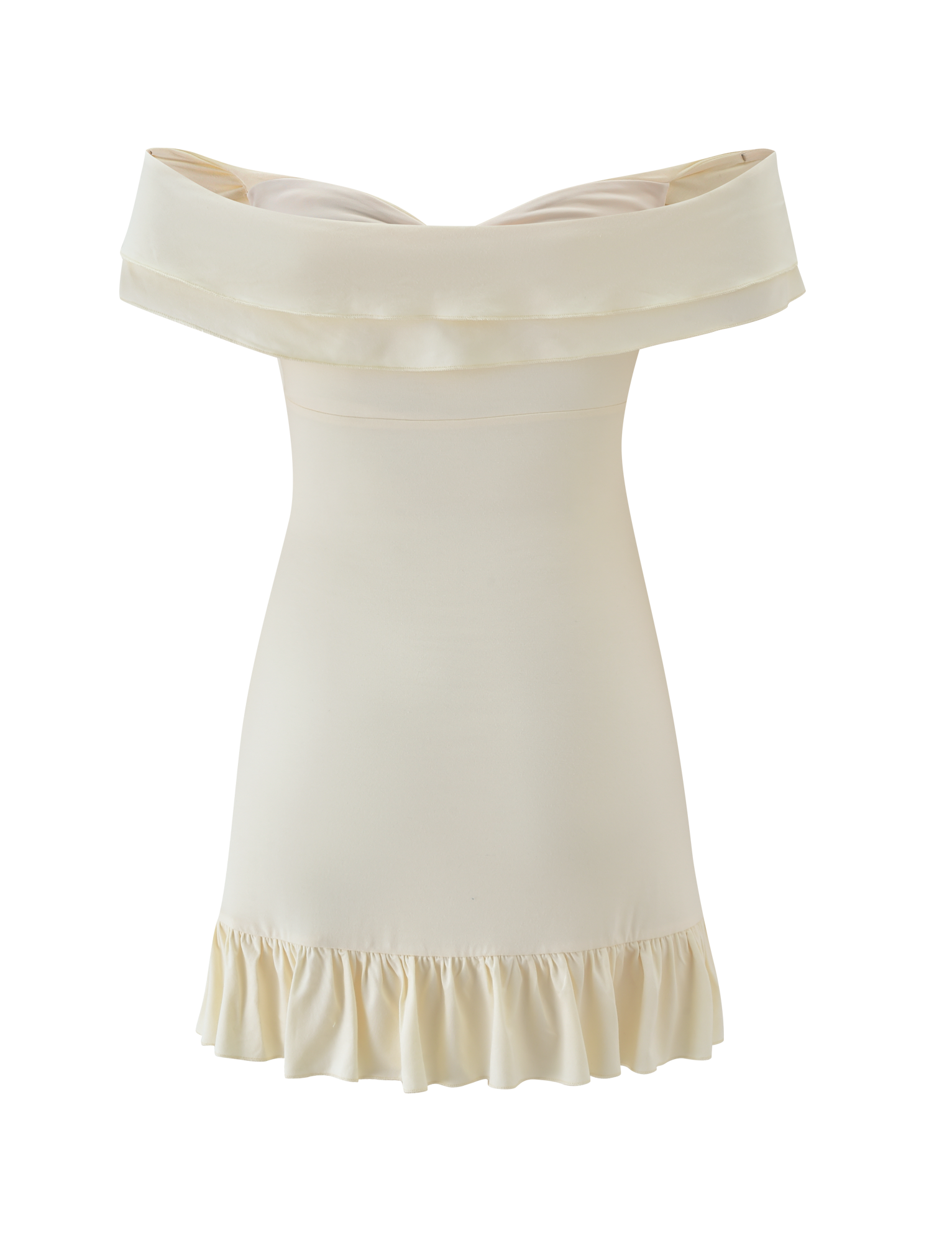 The DENALI MINI DRESS 2.0 - CREAM by TIGERMIST features an off-the-shoulder wide neckline, fitted bodice, and ruffled hem. Its smooth, elegant texture and chic design make it perfect for any occasion.