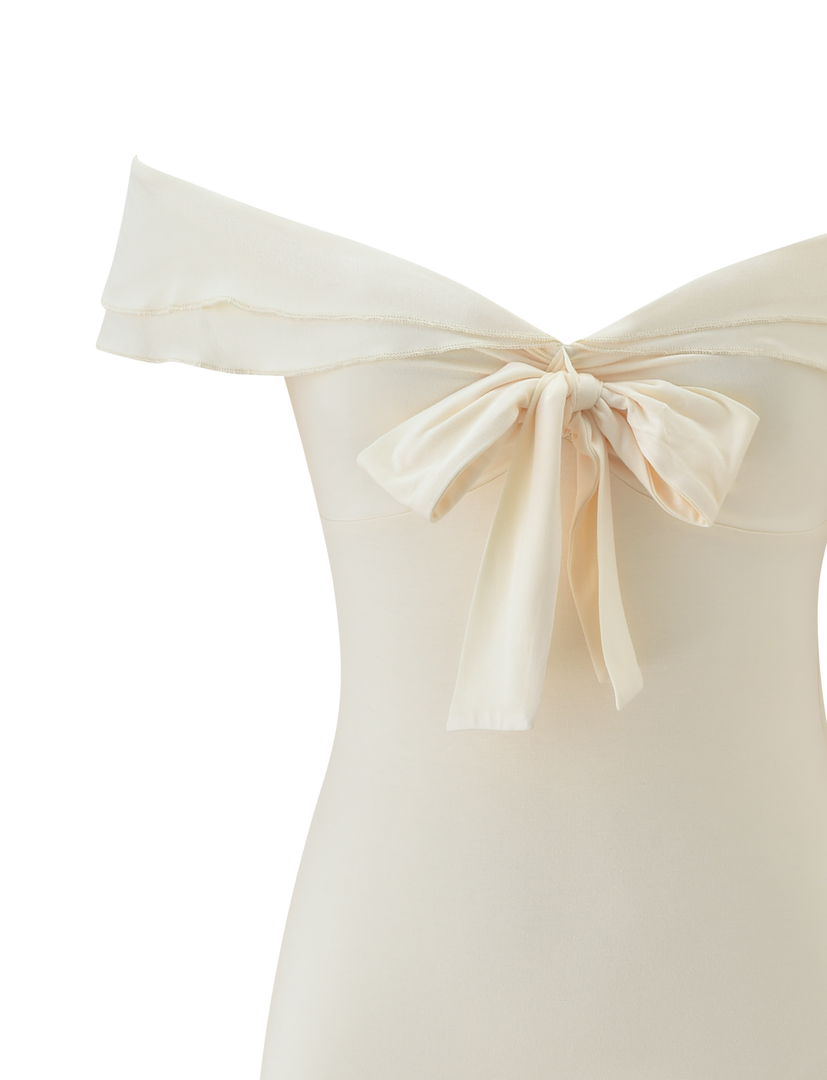 Close-up of the TIGERMIST DENALI MINI DRESS 2.0 - CREAM, an off-the-shoulder mini dress with a large, elegant bow at the back neckline. The cream fabric looks smooth and slightly stretchy.