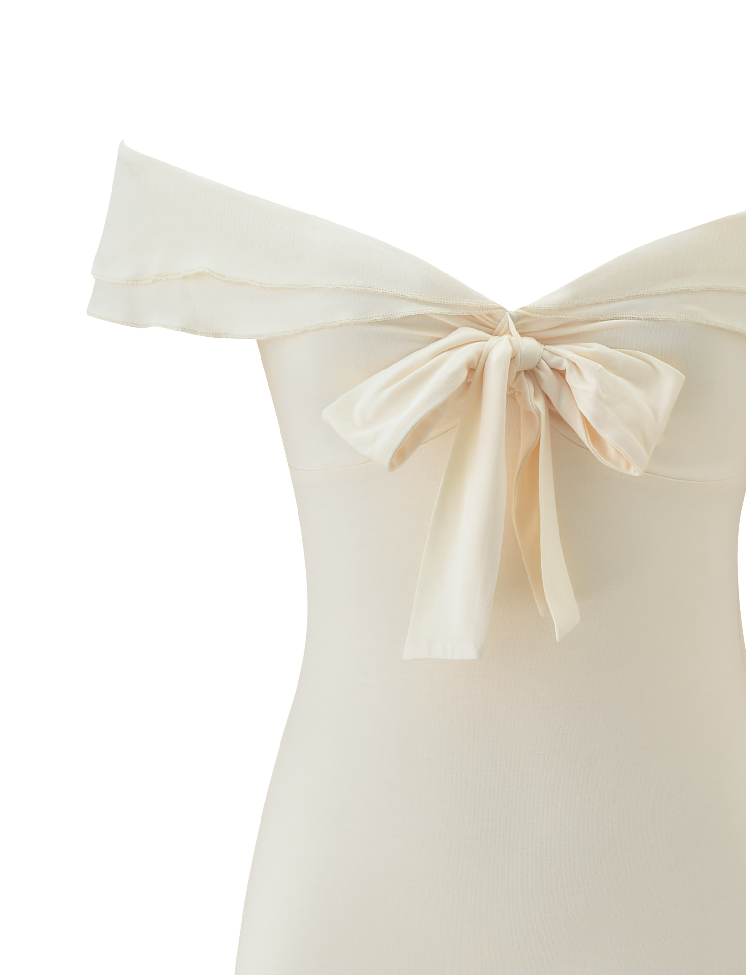 Close-up of the TIGERMIST DENALI MINI DRESS 2.0 - CREAM, an off-the-shoulder mini dress with a large, elegant bow at the back neckline. The cream fabric looks smooth and slightly stretchy.