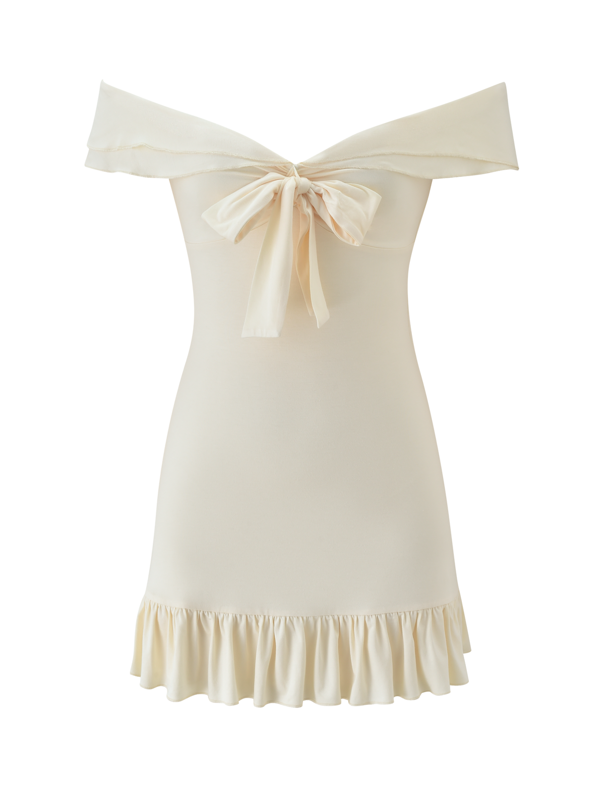 The TIGERMIST DENALI MINI DRESS 2.0 - CREAM is a cream mini dress with an off-the-shoulder design, large back bow, fitted bodice, and ruffled hem.