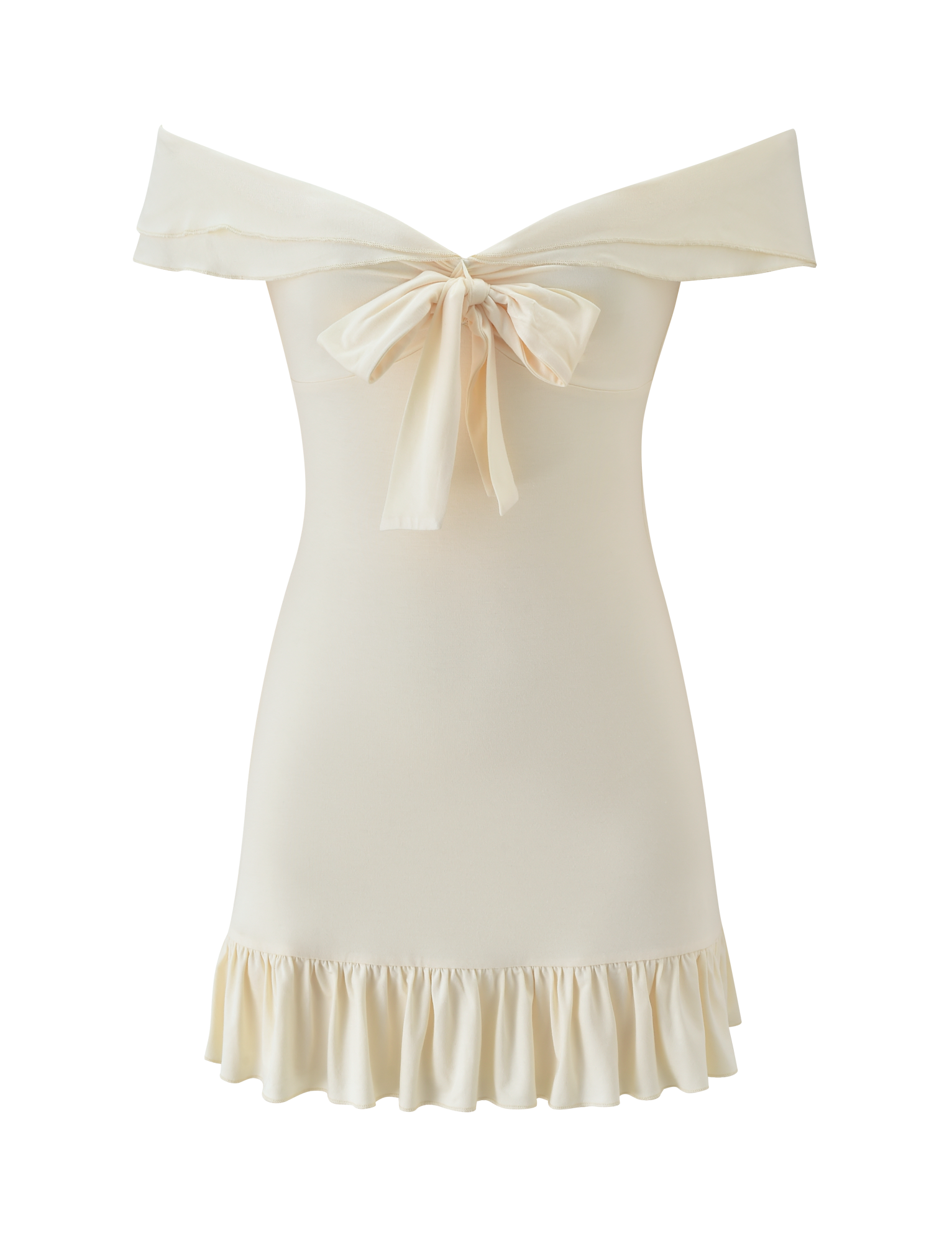 The TIGERMIST DENALI MINI DRESS 2.0 - CREAM is a cream mini dress with an off-the-shoulder design, large back bow, fitted bodice, and ruffled hem.