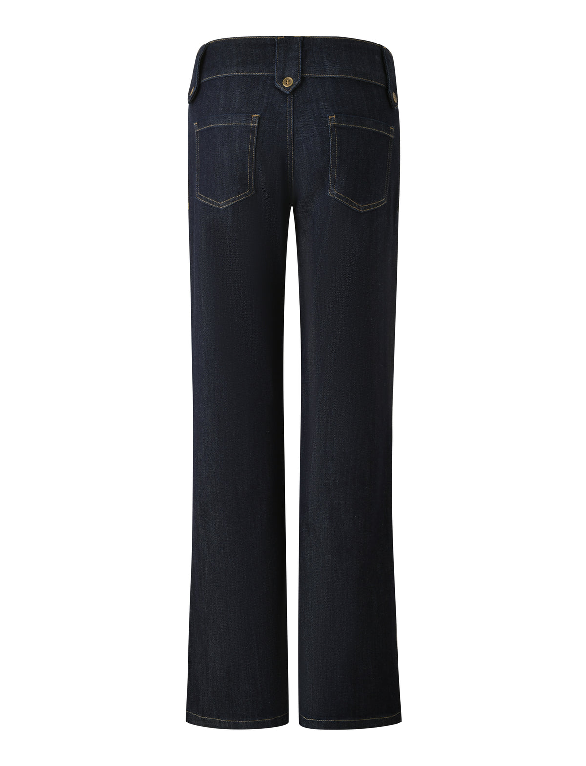 Back view of the TIGERMIST KITTIE DENIM PANT in dark wash, featuring two rear pockets, a button closure at the waistband, and straight legs, displayed against a white background.