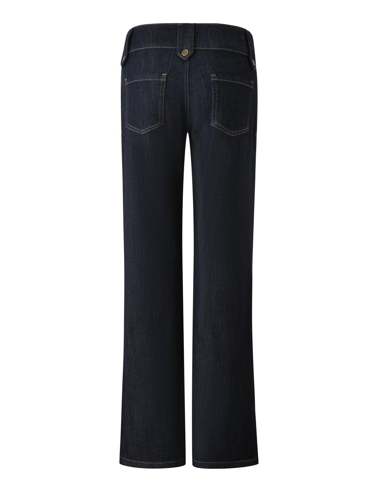 Back view of the TIGERMIST KITTIE DENIM PANT in dark wash, featuring two rear pockets, a button closure at the waistband, and straight legs, displayed against a white background.