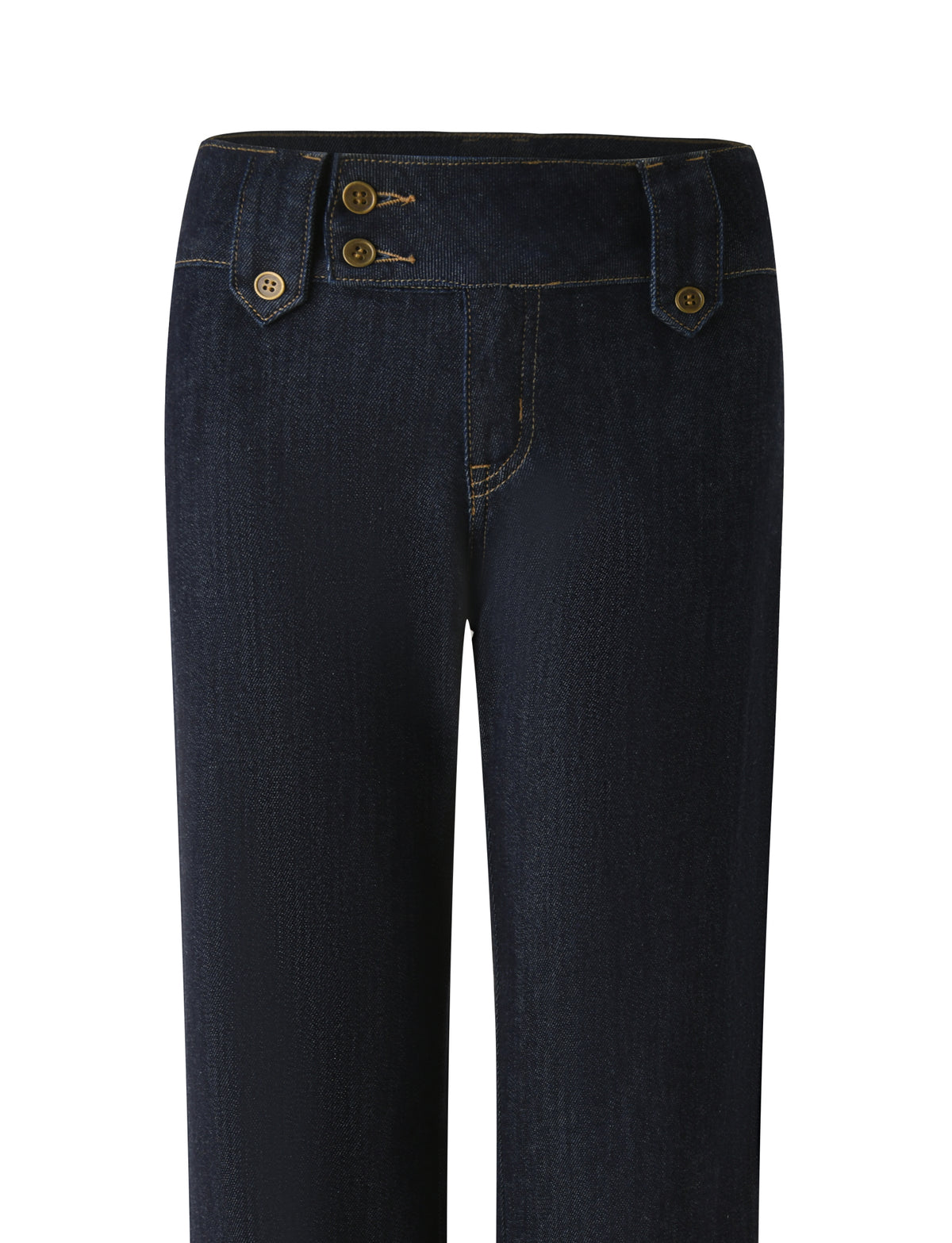 The KITTIE DENIM PANT - DARK WASH by TIGERMIST features a high-waisted, straight leg silhouette in dark indigo denim with two visible buttons and tan stitching. Designed with a clean and simple look, the pants are displayed against a white background.