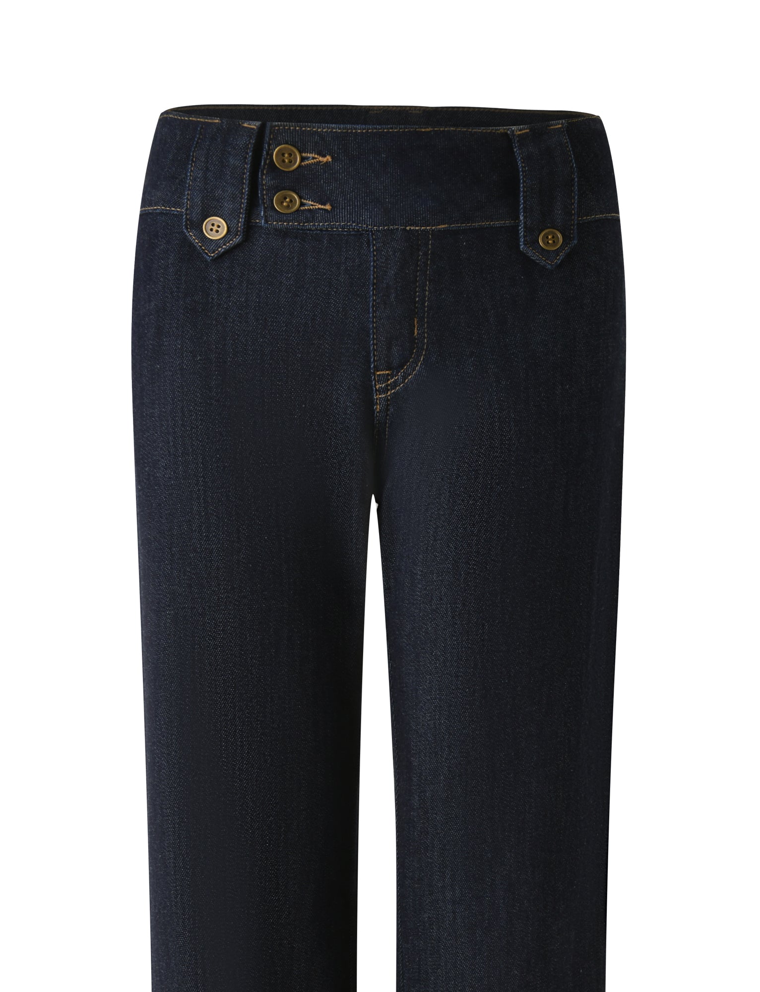 The KITTIE DENIM PANT - DARK WASH by TIGERMIST features a high-waisted, straight leg silhouette in dark indigo denim with two visible buttons and tan stitching. Designed with a clean and simple look, the pants are displayed against a white background.
