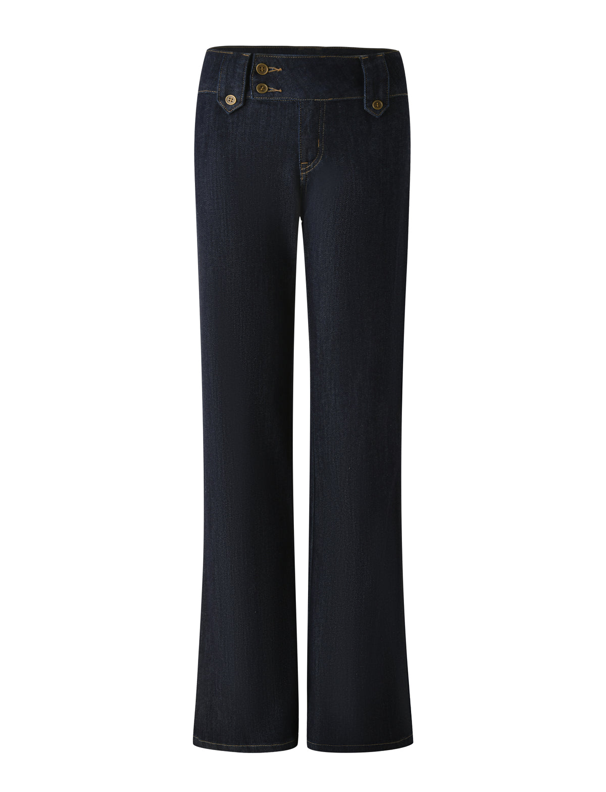 The KITTIE DENIM PANT - DARK WASH by TIGERMIST features a high-waisted, wide-leg silhouette with two buttons and decorative stitching at the waistband, shown here in a dark indigo wash against a white background.