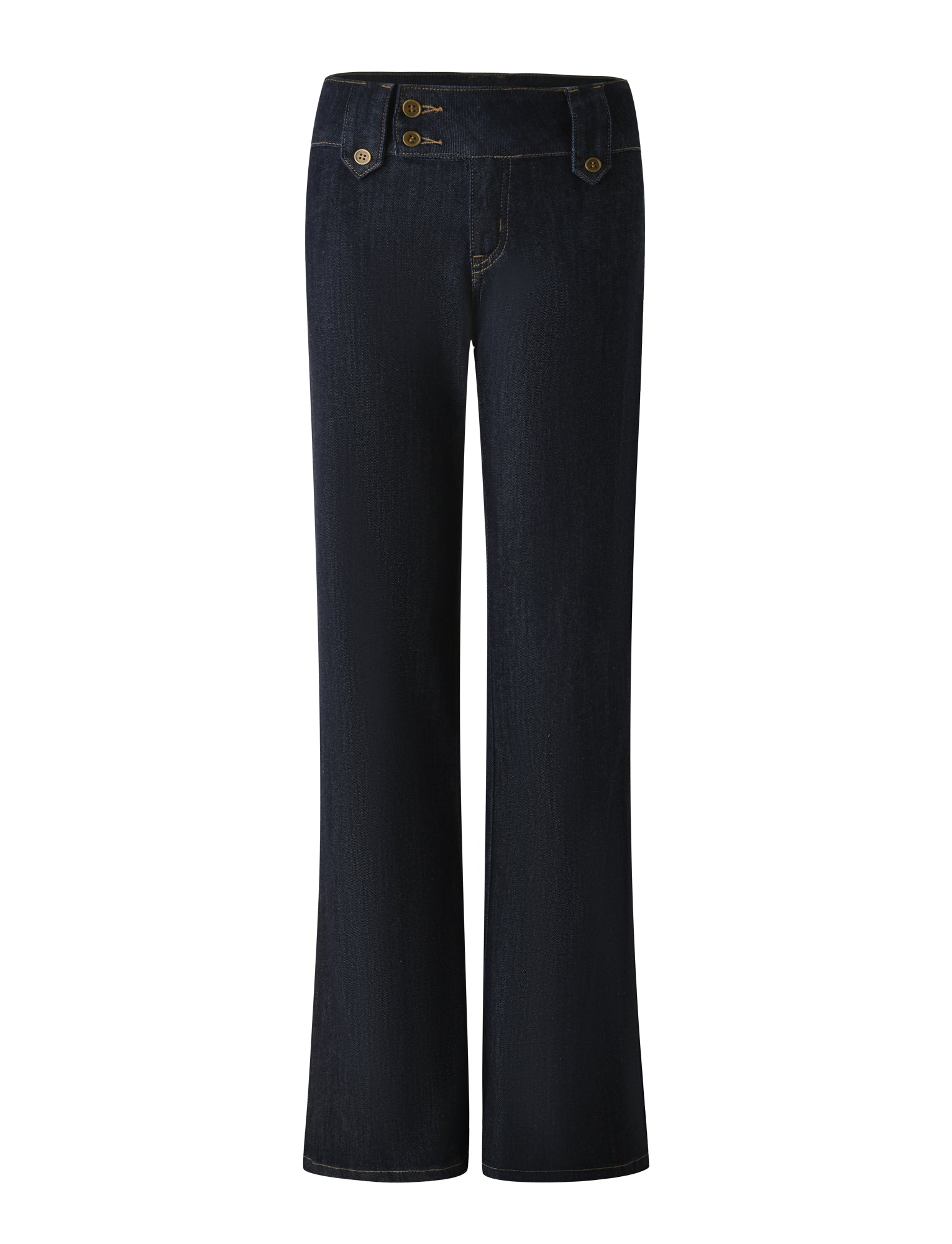 The KITTIE DENIM PANT - DARK WASH by TIGERMIST features a high-waisted, wide-leg silhouette with two buttons and decorative stitching at the waistband, shown here in a dark indigo wash against a white background.