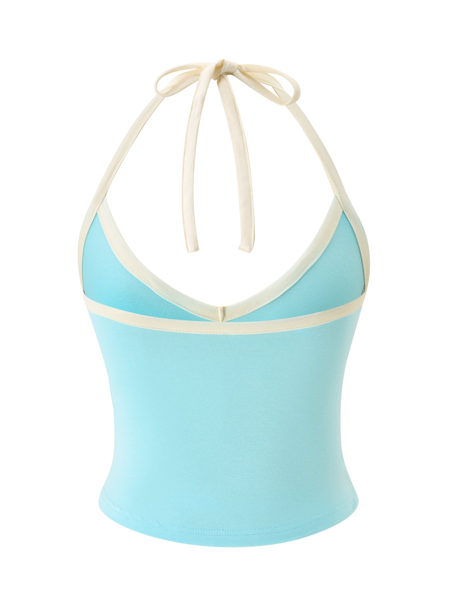 Introducing the ALYSIA TOP - AQUA by TIGERMIST: a light aqua blue, fitted women’s halter neck top with cream-colored contrast binding stripes and a tie at the neck. This sleek, sleeveless piece features a flattering V-neckline.