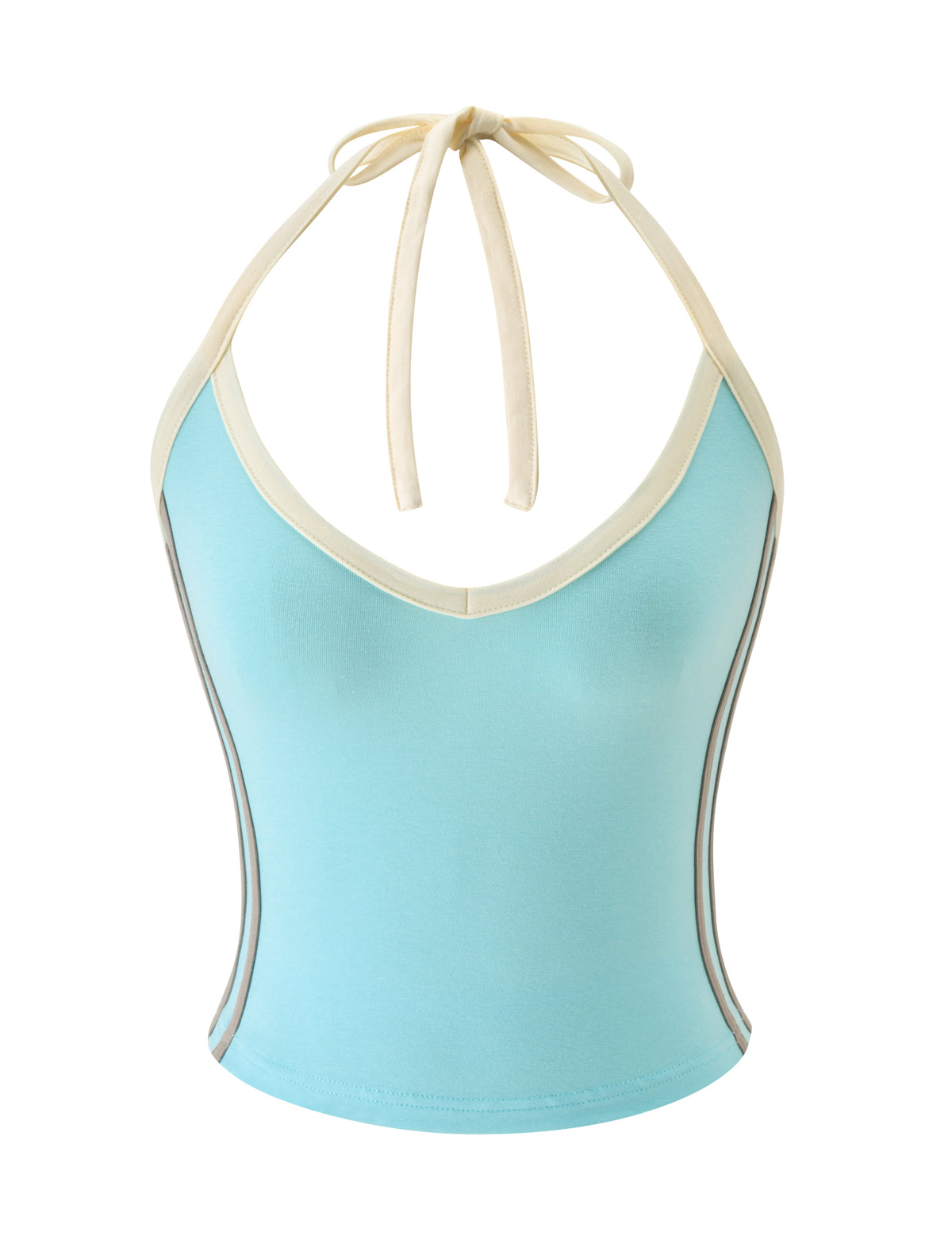 The ALYSIA TOP - AQUA by TIGERMIST is a fitted women’s halter neck top in aqua blue, featuring cream trim, thin adjustable straps that tie behind the neck, and gray contrast binding stripes along the sides. This sleek design includes a deep V-neck and has no visible logos or patterns.