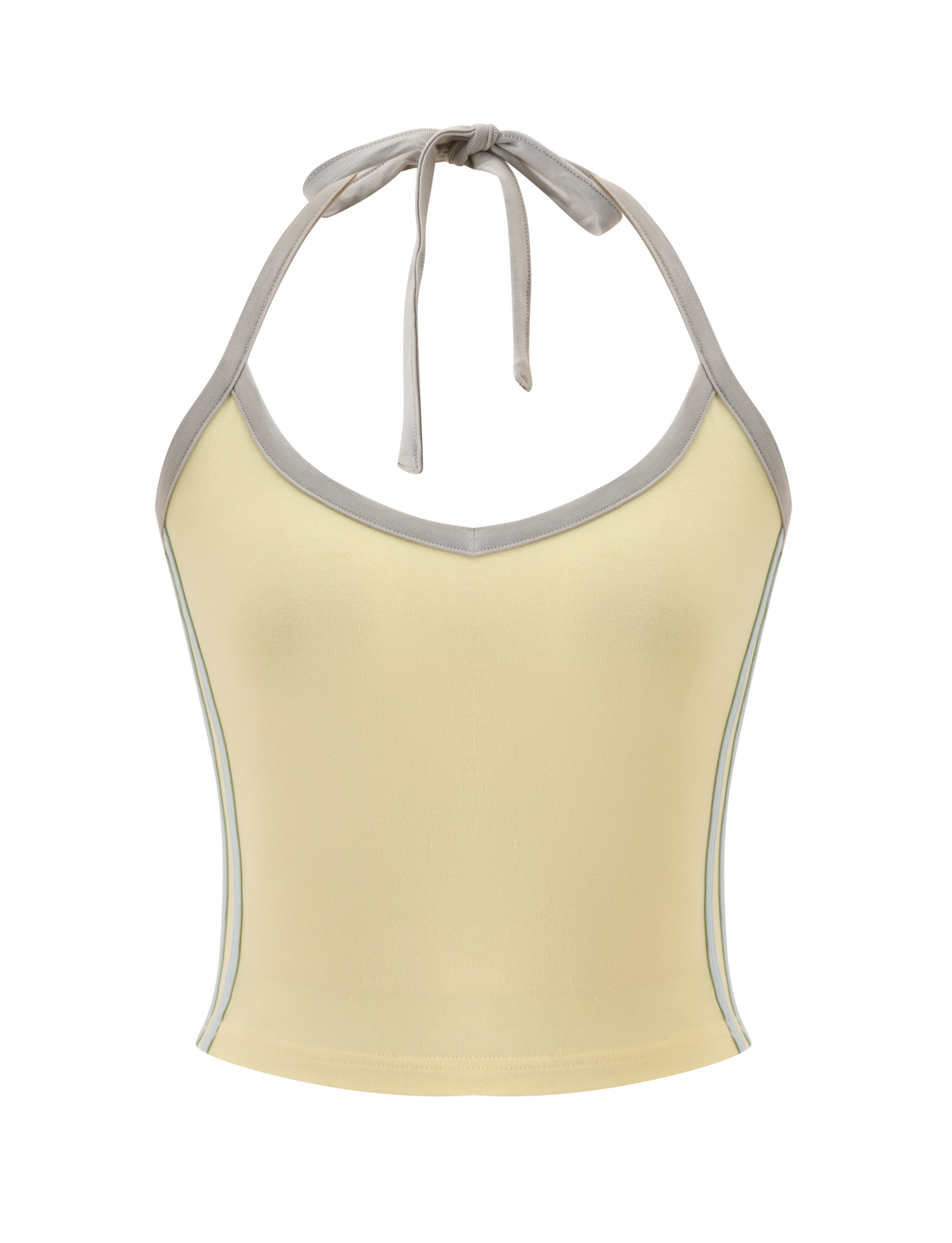 The ALYSIA TOP - BUTTER by TIGERMIST is a light yellow halter neck top with grey trim on the v-neckline, straps, and edges. It ties at the neck and features a fitted, sleeveless design.