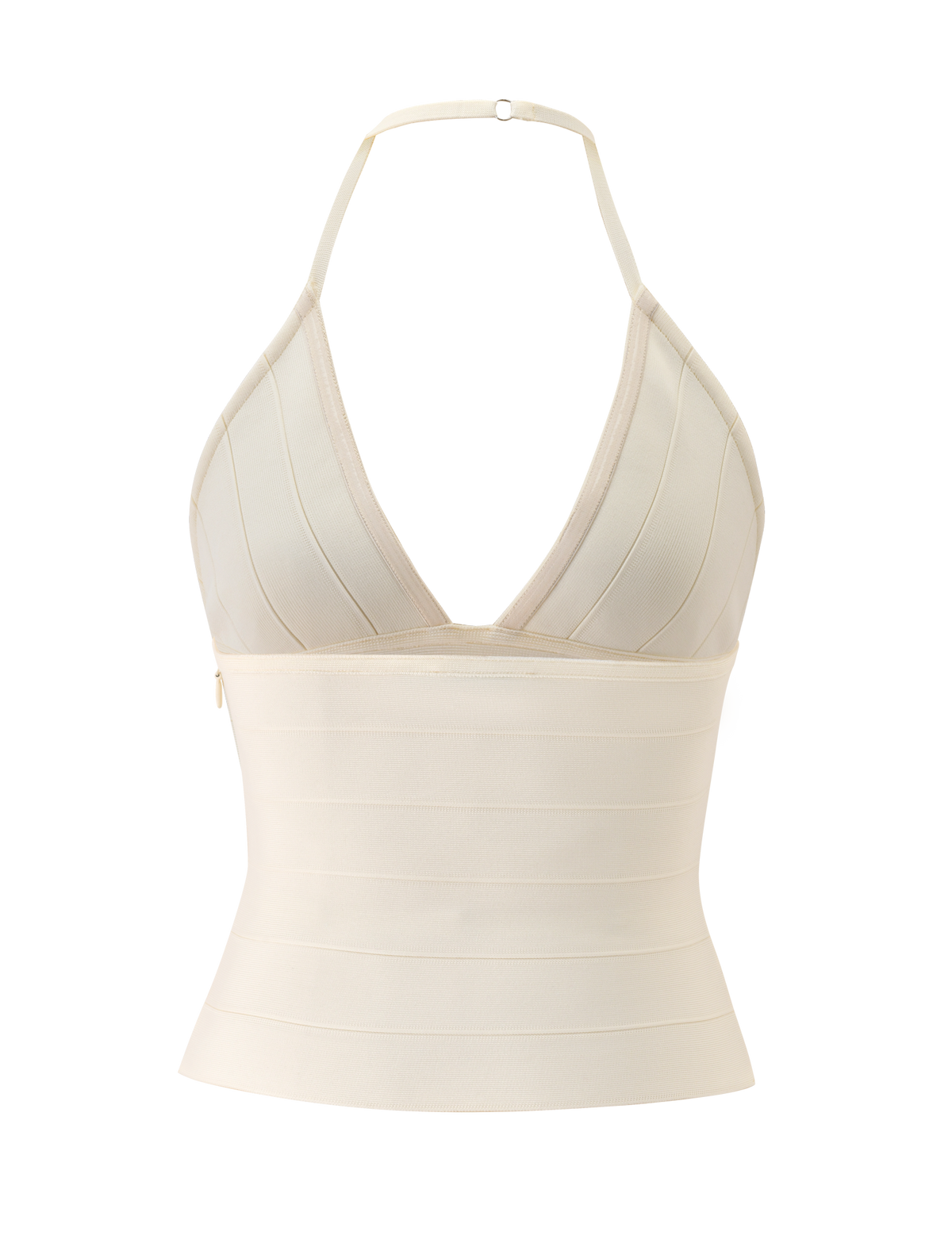 The TIGERMIST NYX BANDAGE TOP in cream features a halter neck, deep V neckline, triangle cups, and wide bands. Vertical panel detailing creates a sculpted fit and structured, flattering shape.