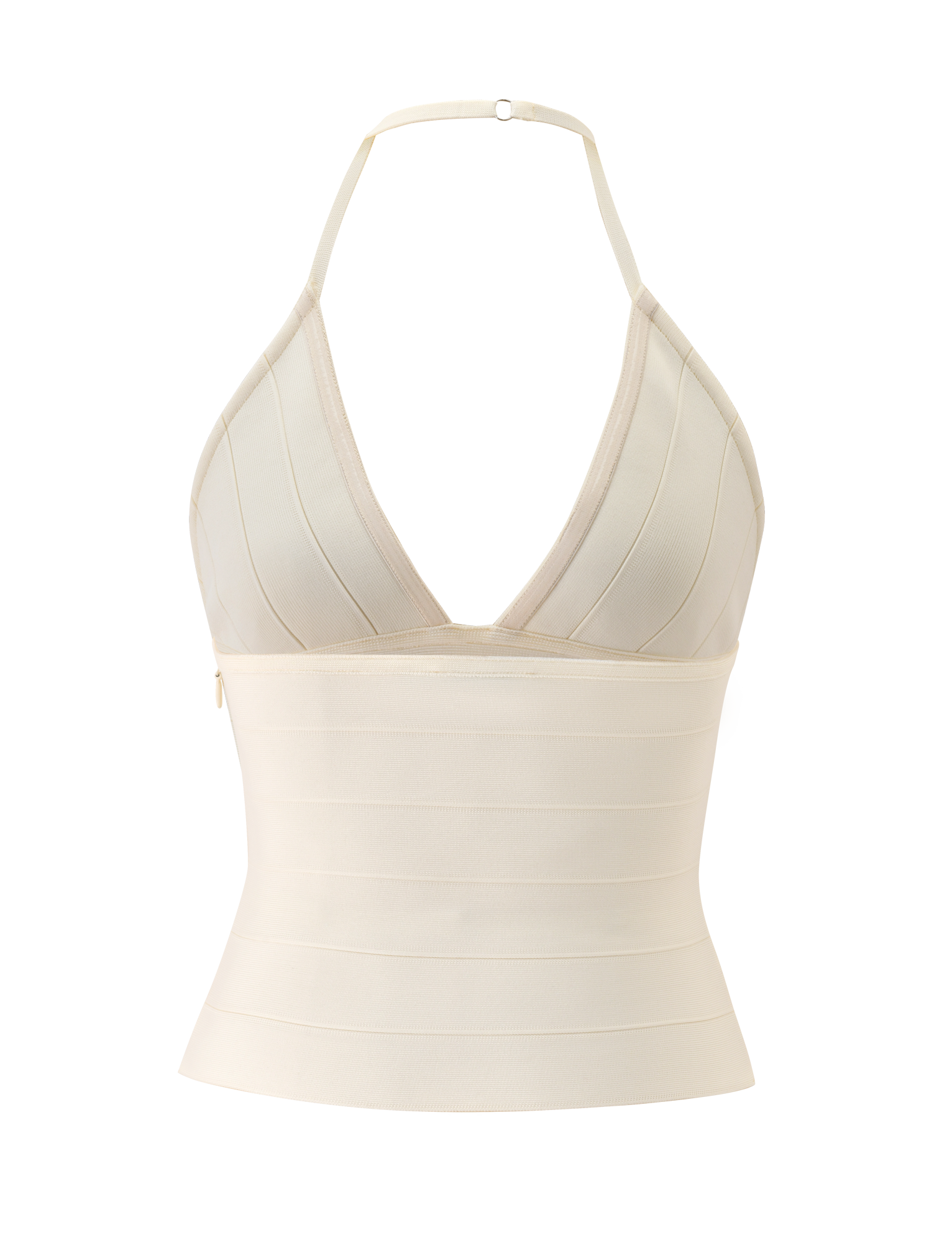 The TIGERMIST NYX BANDAGE TOP in cream features a halter neck, deep V neckline, triangle cups, and wide bands. Vertical panel detailing creates a sculpted fit and structured, flattering shape.