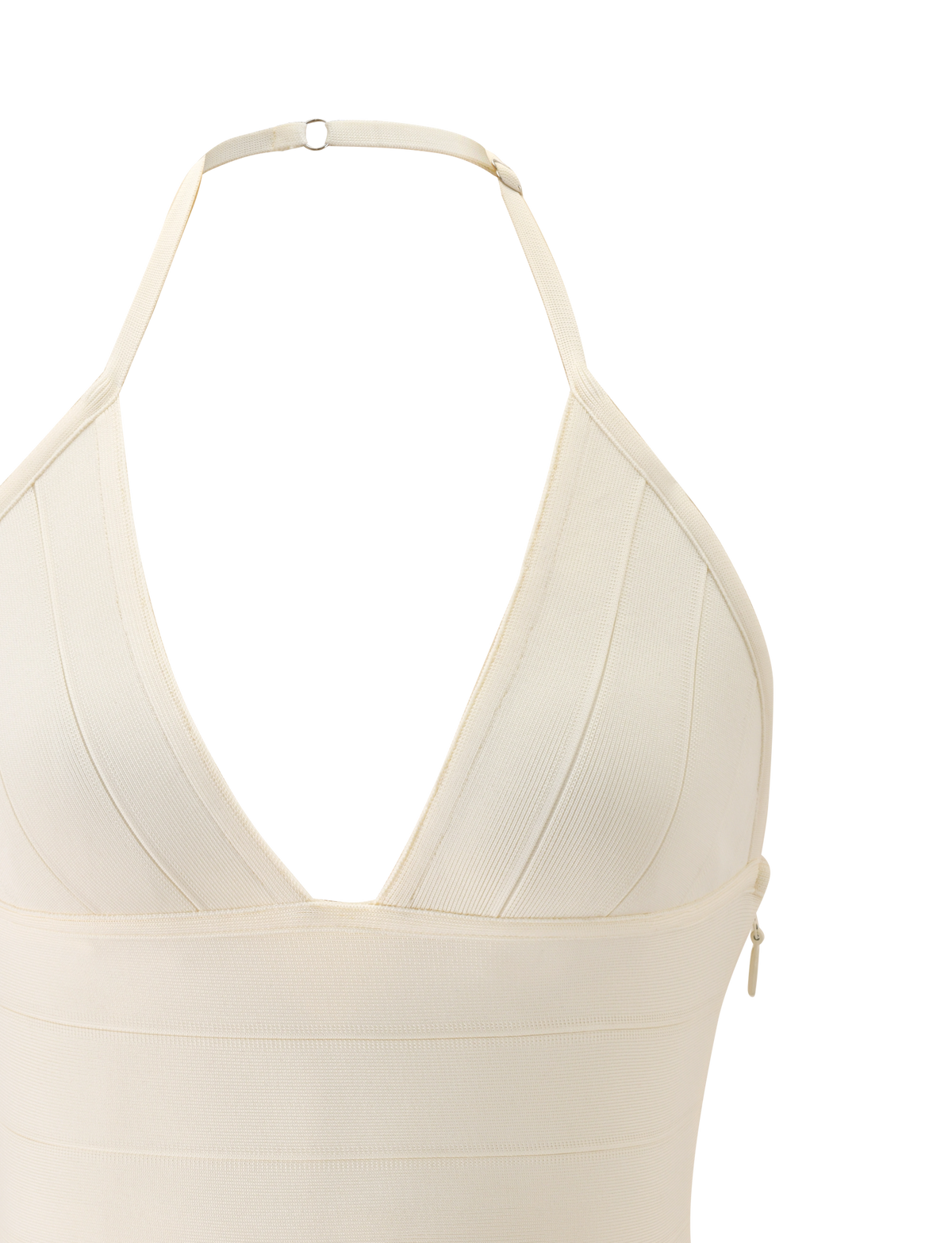 Close-up of the TIGERMIST NYX BANDAGE TOP in cream, featuring a halter neck, deep V neckline with plunging triangle cups, textured bandage fabric, and adjustable neck clasp for a sculpted fit.