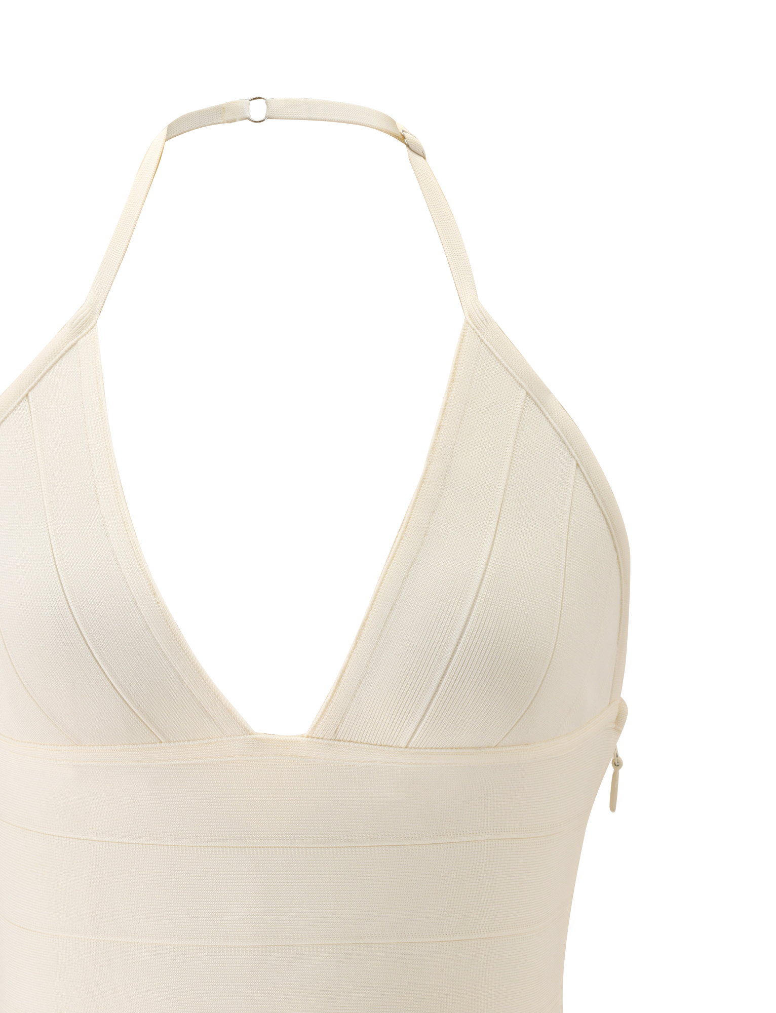Close-up of the TIGERMIST NYX BANDAGE TOP in cream, featuring a halter neck, deep V neckline with plunging triangle cups, textured bandage fabric, and adjustable neck clasp for a sculpted fit.