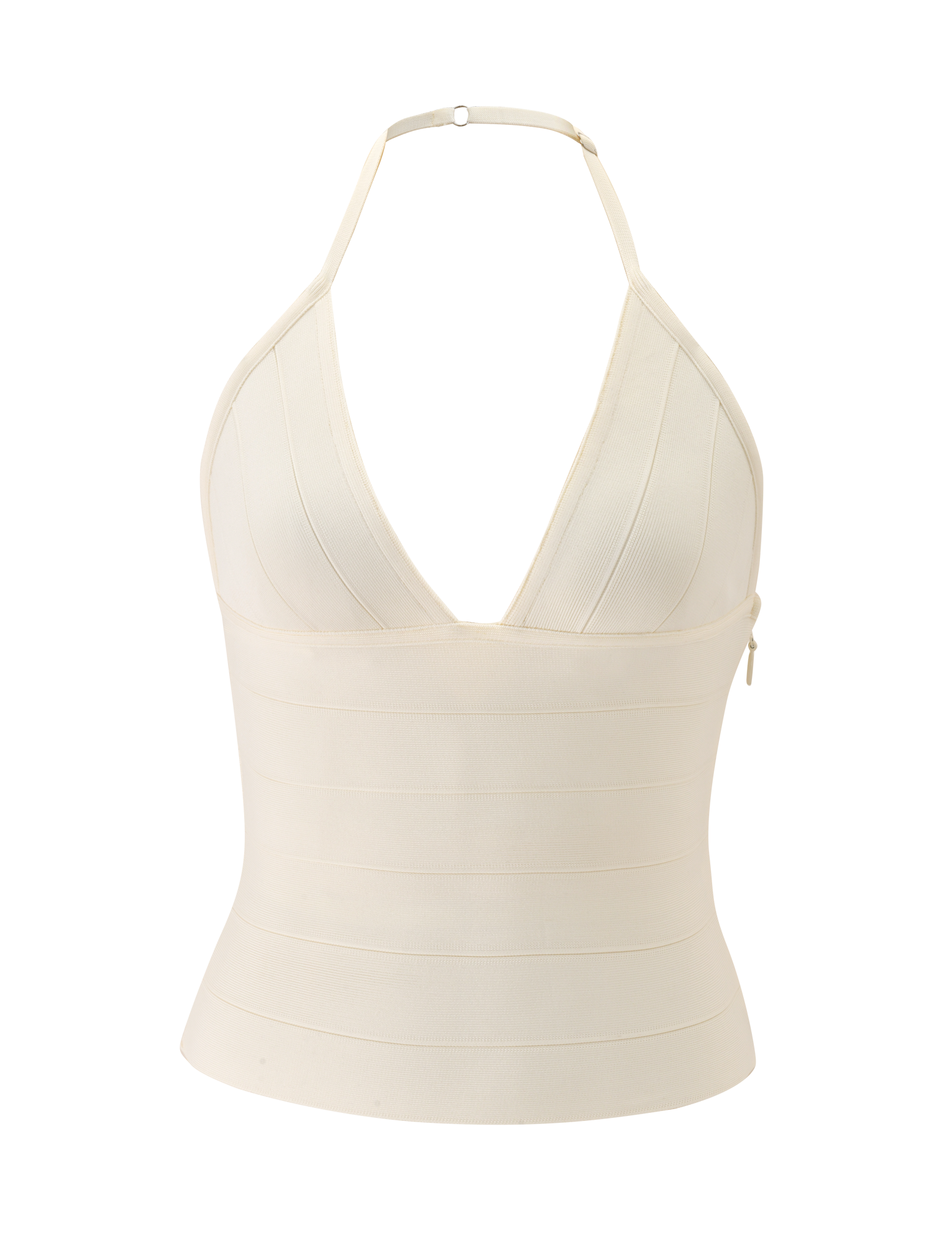 The NYX BANDAGE TOP - CREAM by TIGERMIST features a halter neck, plunging triangle cups, deep V-neckline, sculpted fit, subtle horizontal paneling, and a thin strap fastening for a chic, structured sleeveless look.