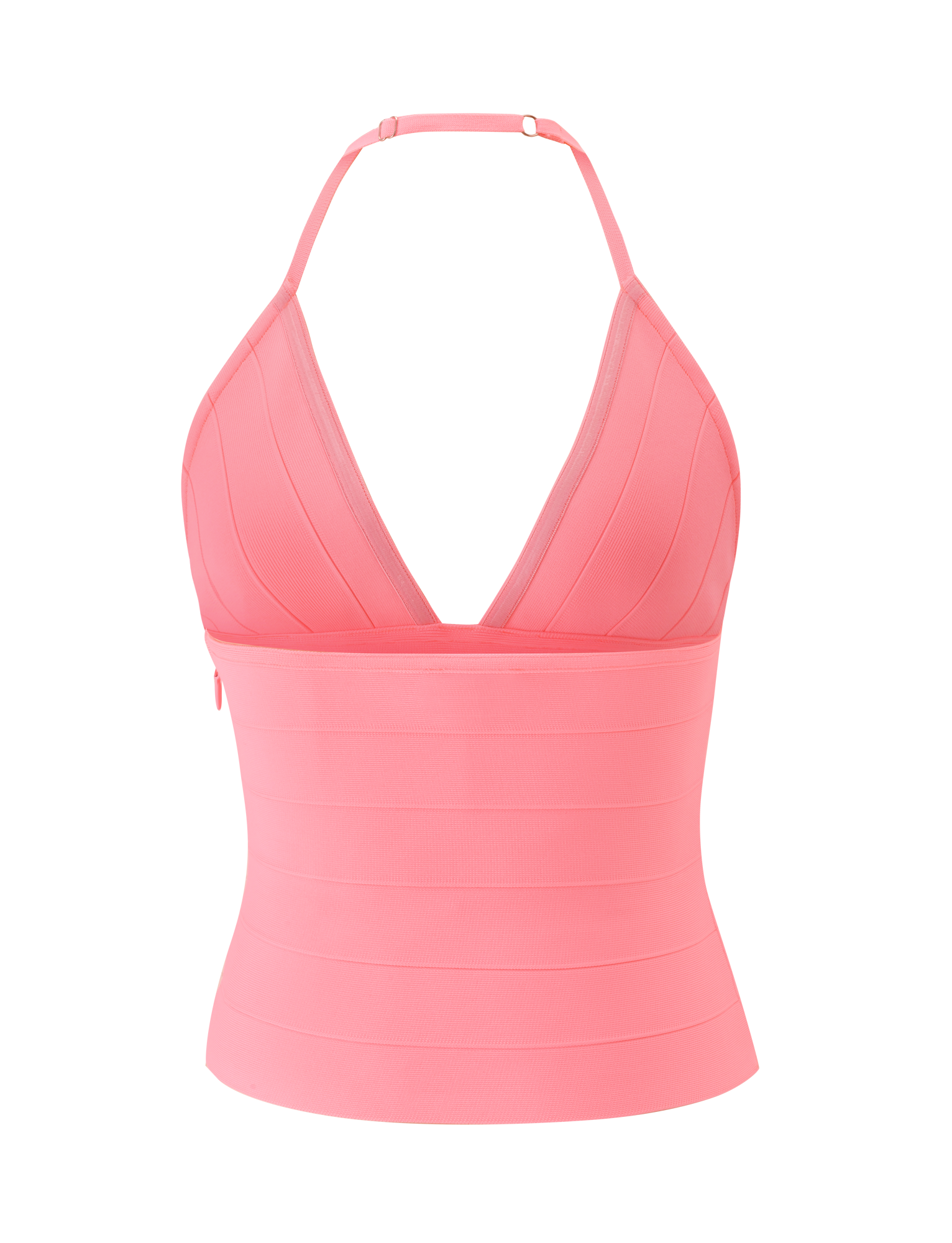 The TIGERMIST NYX BANDAGE TOP in Neon Guava features a halter neck, deep V-neckline, and sculpted fit, shown against a plain white background.