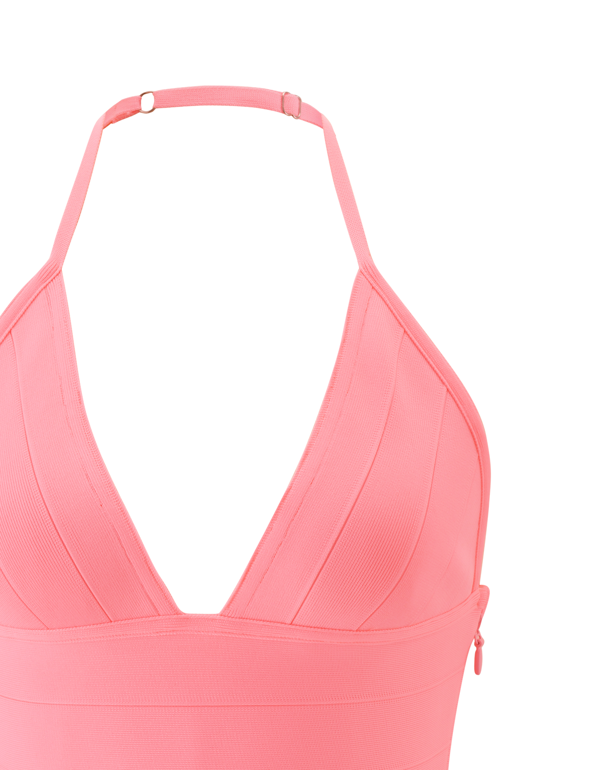 Close-up of TIGERMIST's NYX BANDAGE TOP - NEON GUAVA, featuring a pink halter neck with a deep V-neckline and wide straps in ribbed fabric for a sculpted fit. Plain white background.