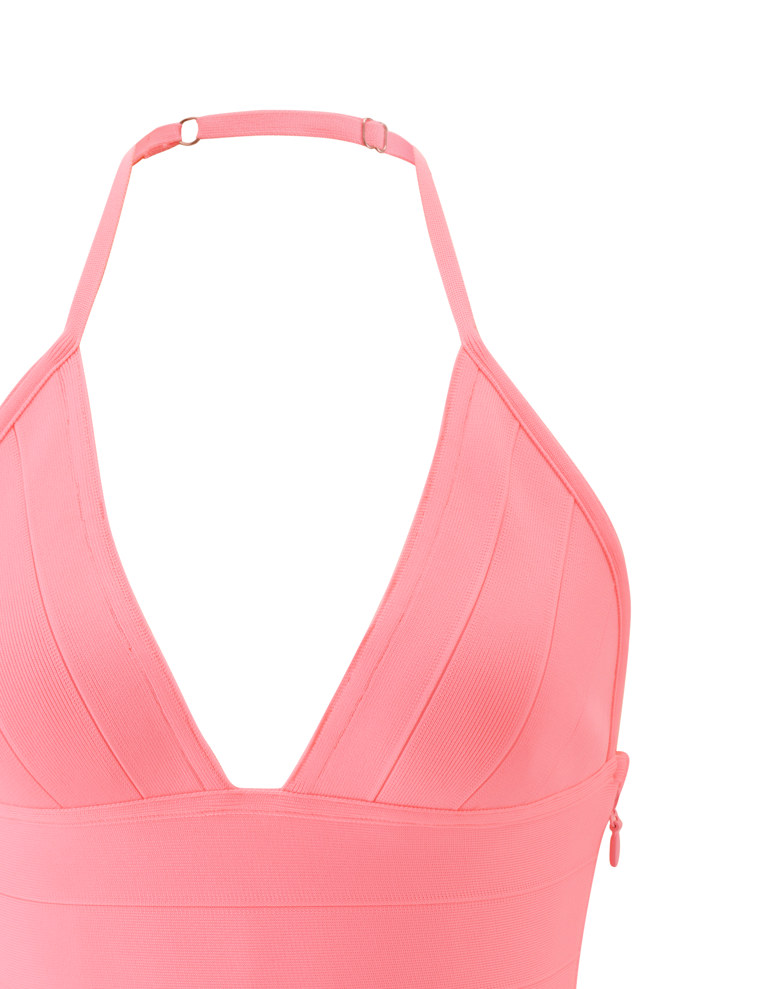 Close-up of TIGERMIST's NYX BANDAGE TOP - NEON GUAVA, featuring a pink halter neck with a deep V-neckline and wide straps in ribbed fabric for a sculpted fit. Plain white background.