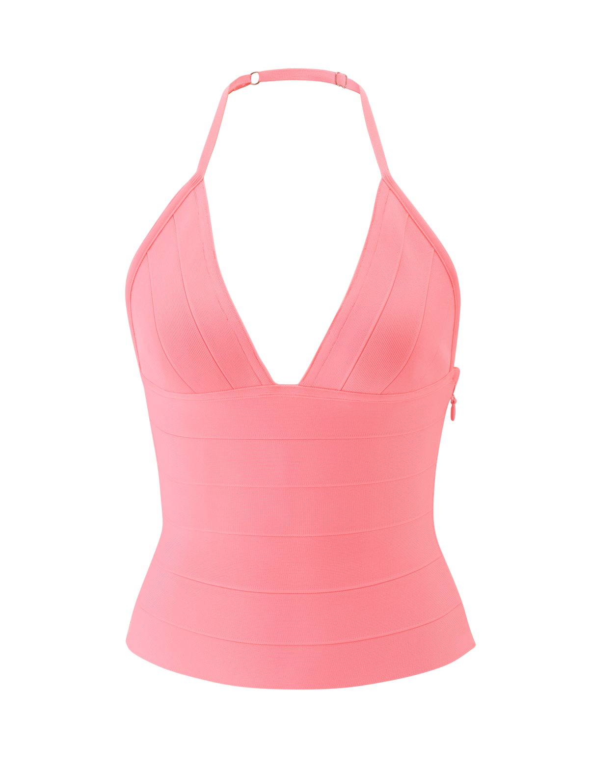 The NYX BANDAGE TOP by TIGERMIST is a sleeveless, sculpted-fit neon guava halter with a deep V-neckline and horizontal panel detail, shown on a plain white background.