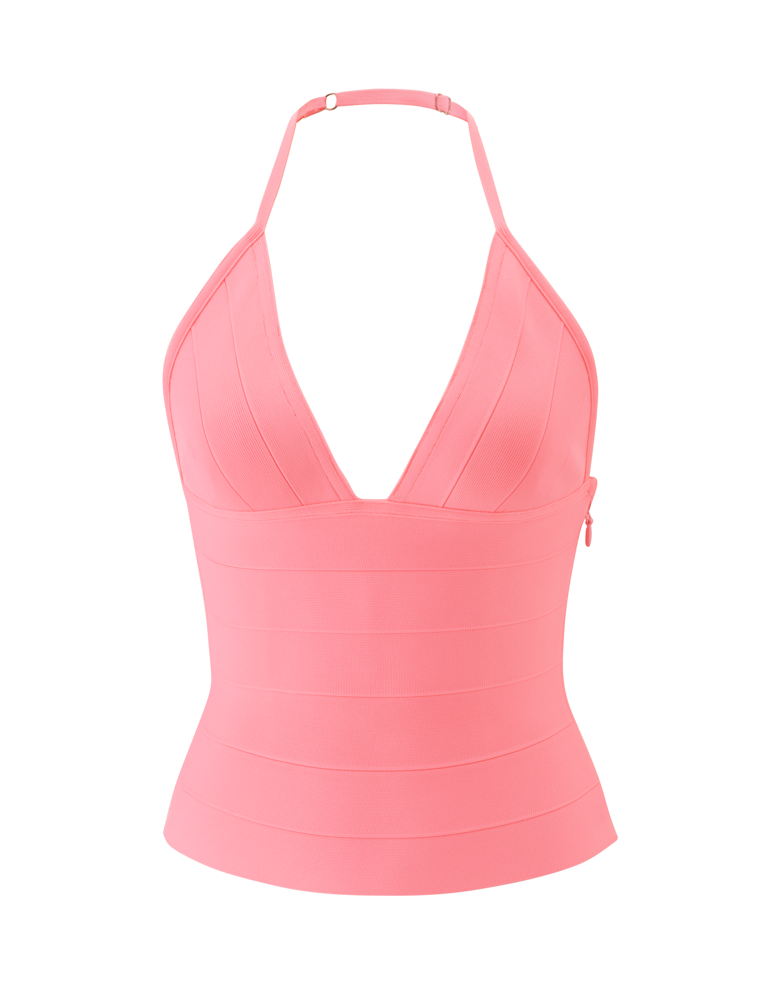 The NYX BANDAGE TOP by TIGERMIST is a sleeveless, sculpted-fit neon guava halter with a deep V-neckline and horizontal panel detail, shown on a plain white background.