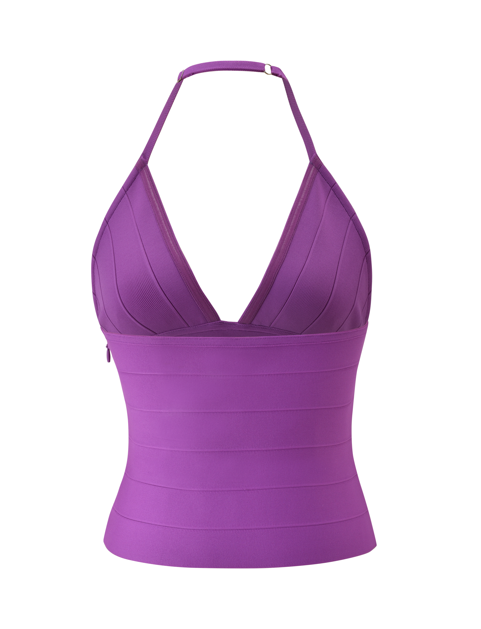The TIGERMIST NYX BANDAGE TOP in Ultra Violet is a sleeveless halter neck bandage top with a deep V neckline and fitted panels, shown on a plain white background.