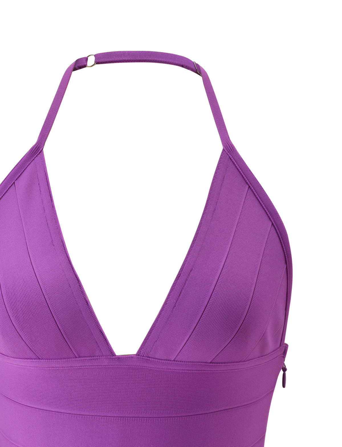 Close-up of the TIGERMIST NYX BANDAGE TOP in Ultra Violet, featuring a halter neck, deep V-neckline, wide structured straps, ribbed panelled texture, and a side zipper detail. Set against a plain white background.