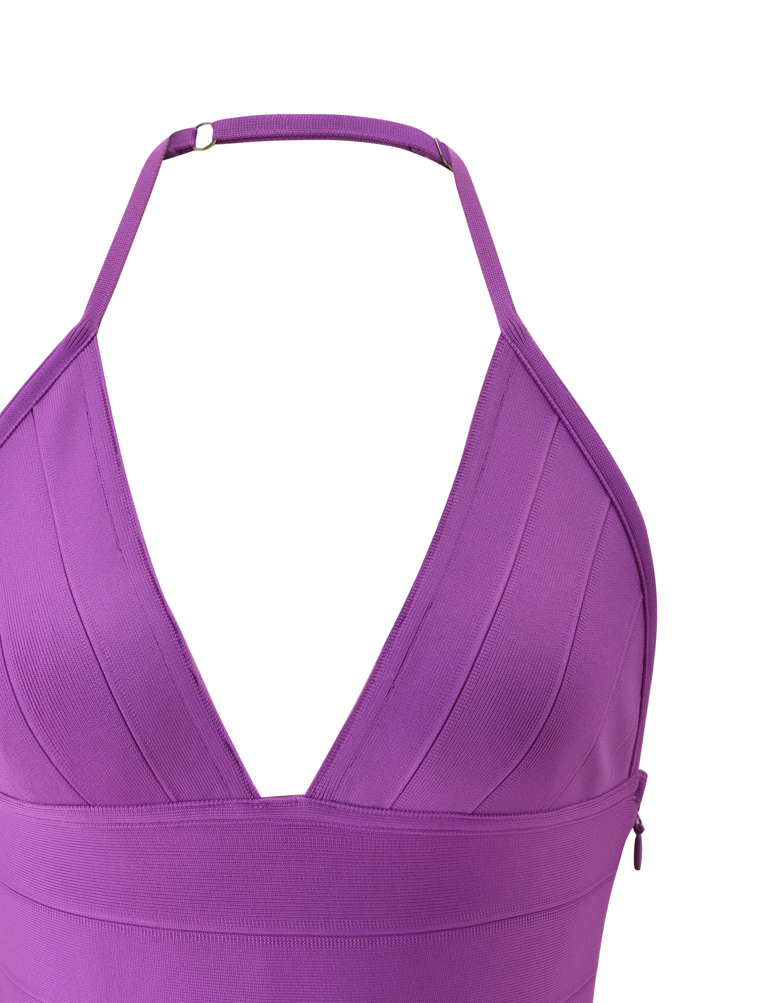 Close-up of the TIGERMIST NYX BANDAGE TOP in Ultra Violet, featuring a halter neck, deep V-neckline, wide structured straps, ribbed panelled texture, and a side zipper detail. Set against a plain white background.