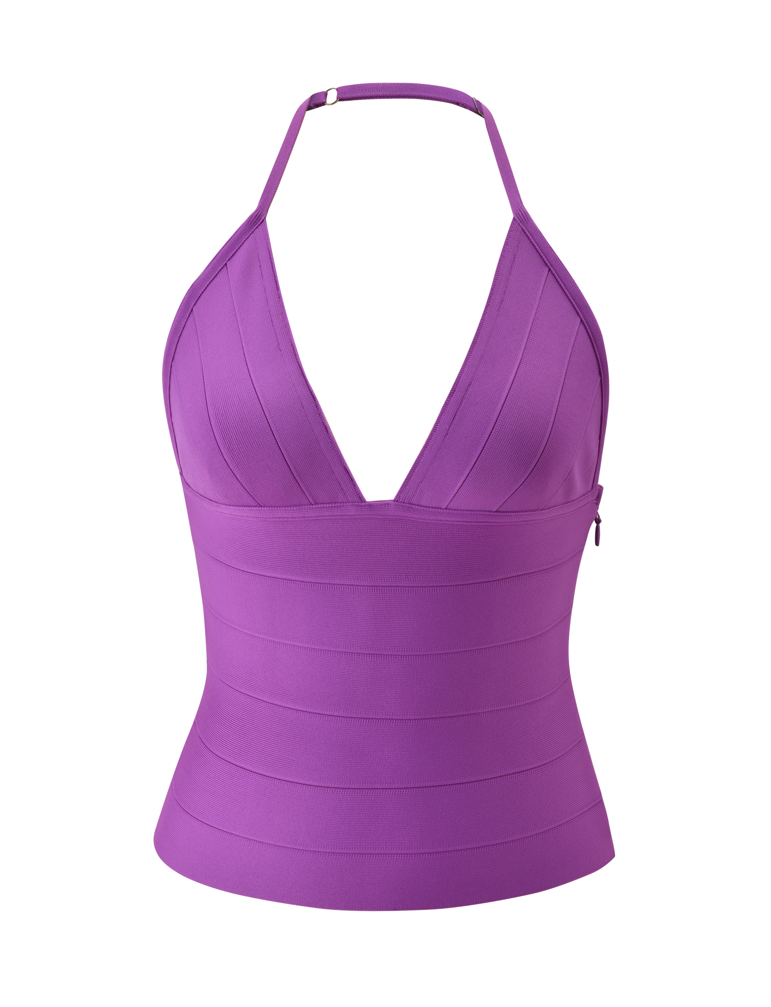 The TIGERMIST NYX BANDAGE TOP in Ultra Violet is a sleeveless, halter neck top with a deep V neckline and horizontal panel details, shown against a plain white background.