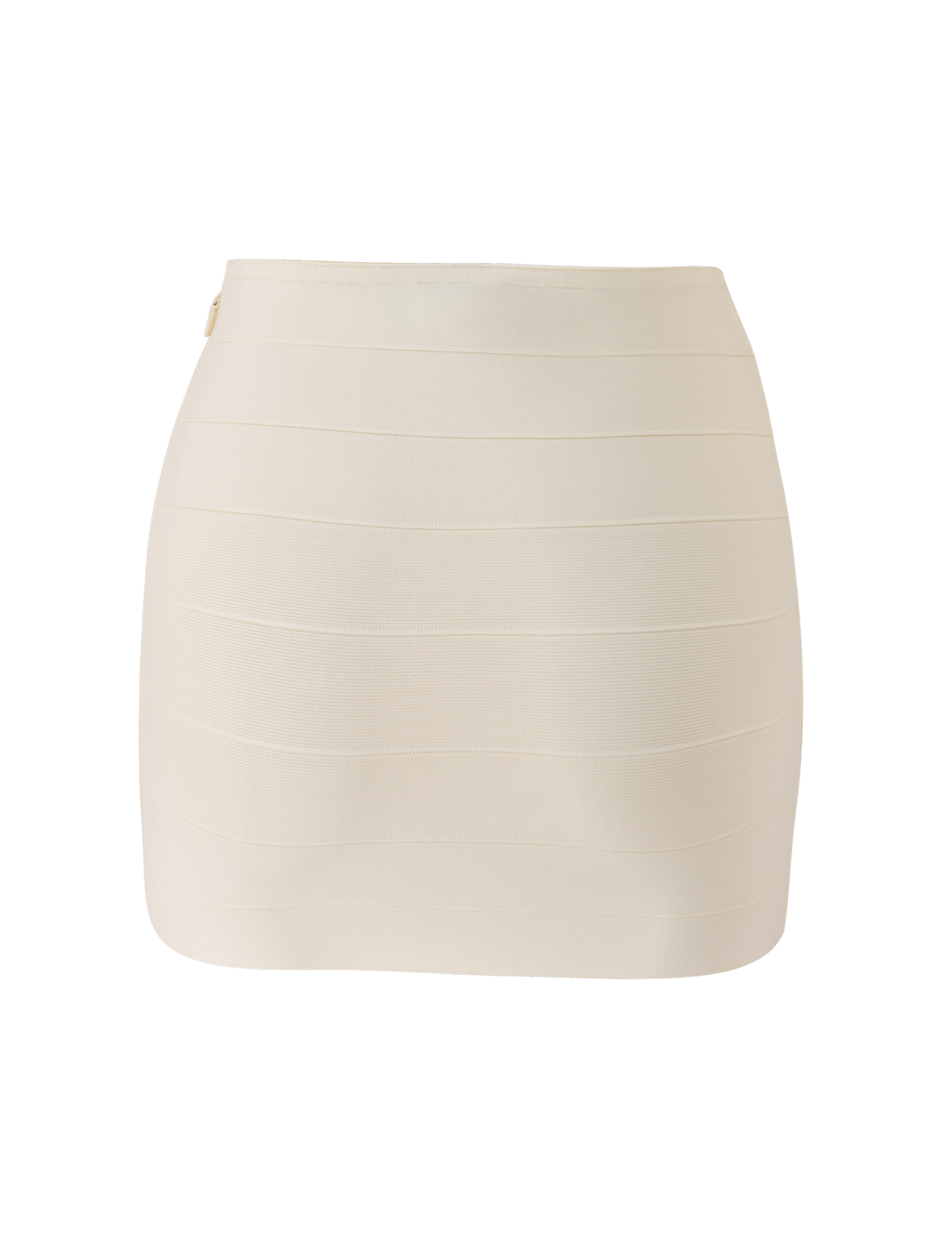 The TIGERMIST NYX BANDAGE MINI SKIRT in cream is a chic, high-waisted mini with horizontal seam detailing and a body-hugging bandage style, shown against a plain white background.