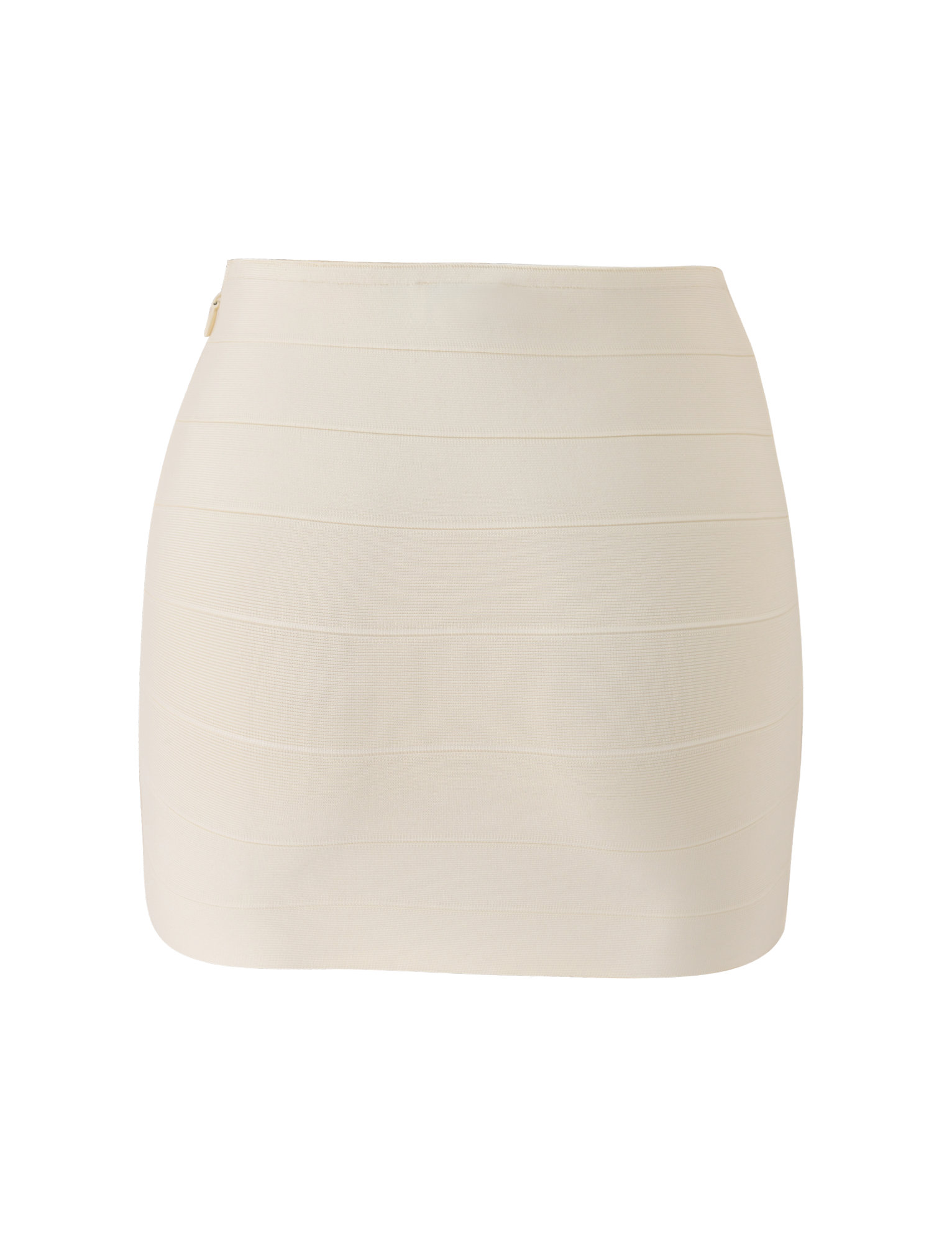 The TIGERMIST NYX BANDAGE MINI SKIRT in cream is a chic, high-waisted mini with horizontal seam detailing and a body-hugging bandage style, shown against a plain white background.