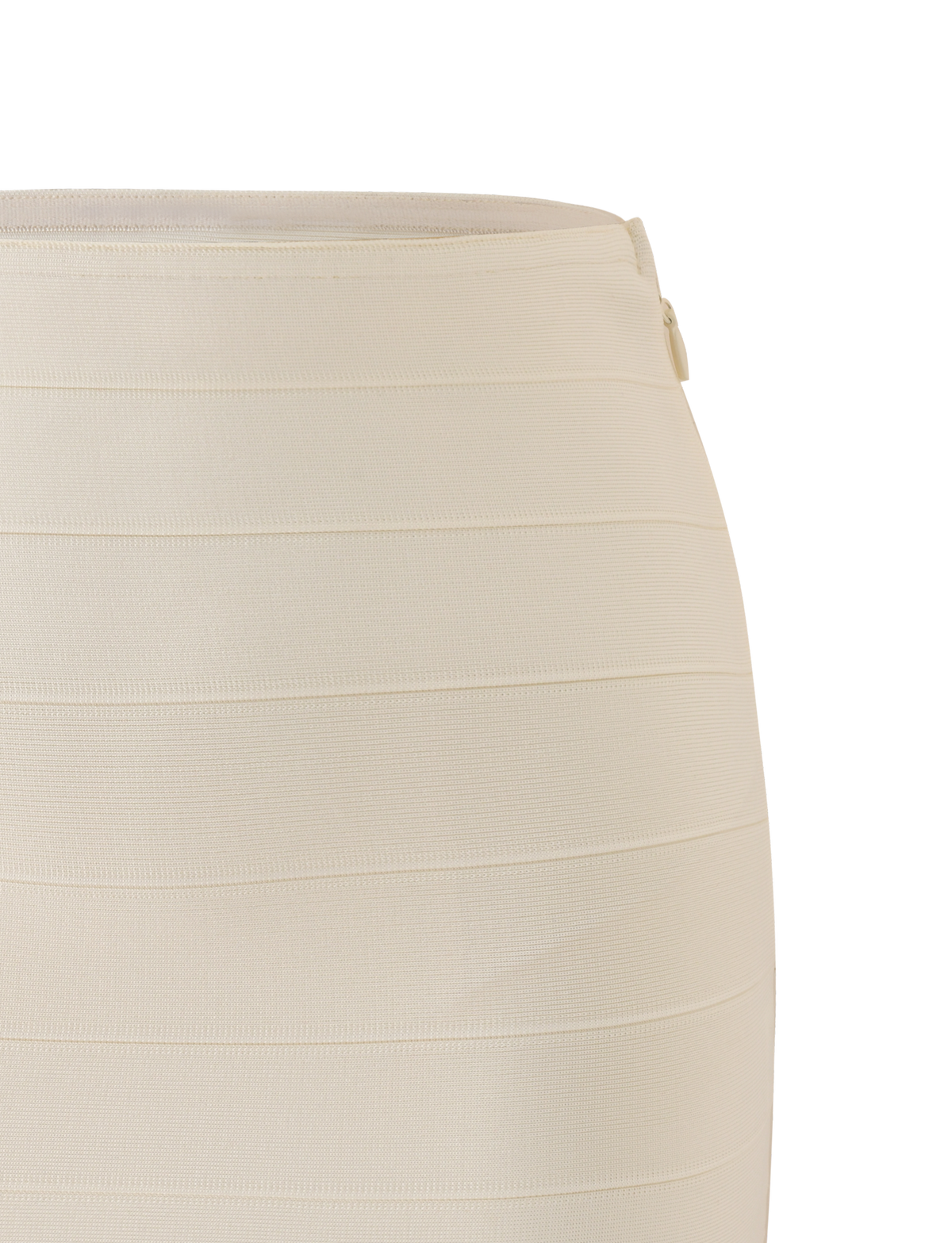 Close-up of the TIGERMIST NYX BANDAGE MINI SKIRT in cream, featuring horizontal textured bands and a side zipper, set against a plain white background.