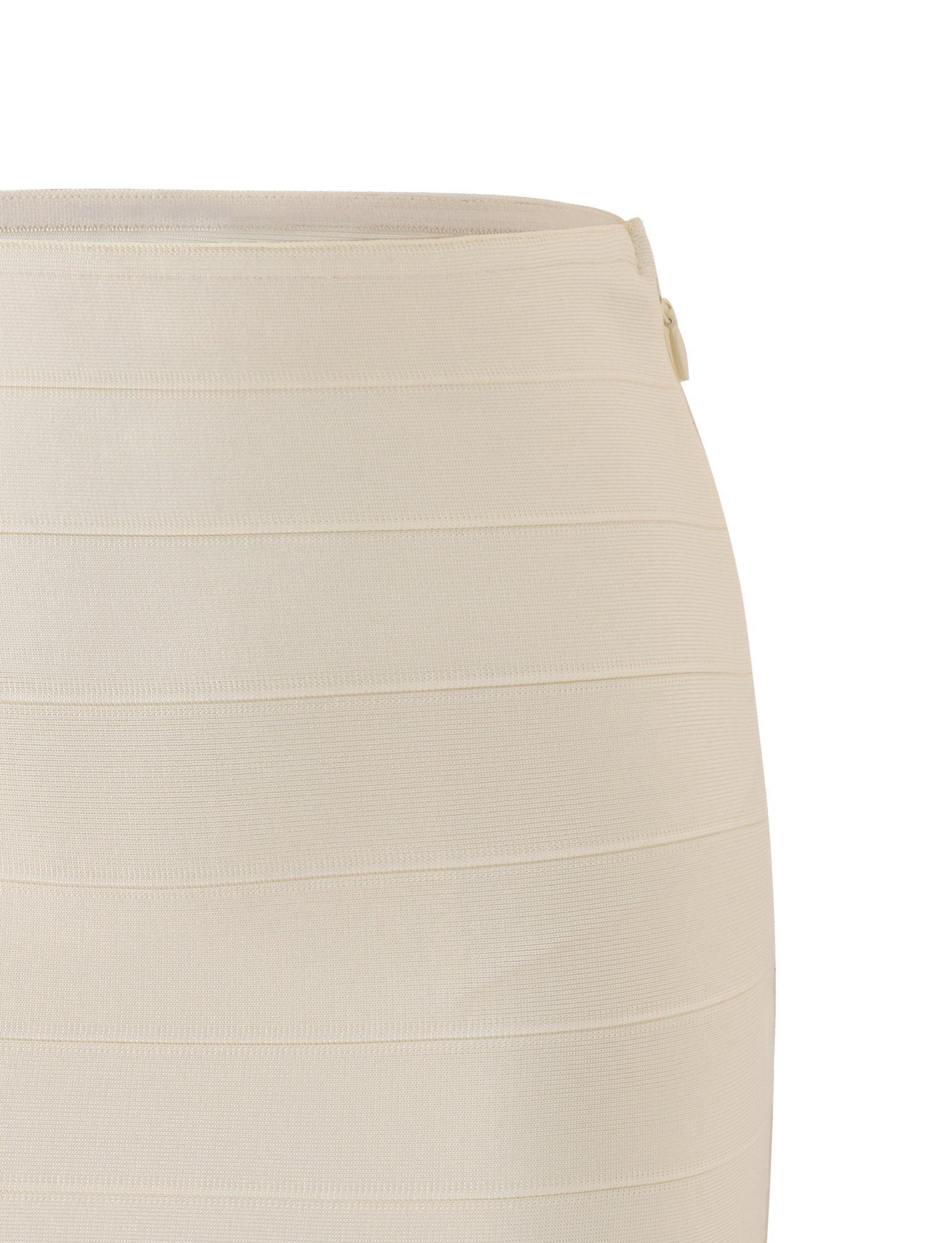 Close-up of the TIGERMIST NYX BANDAGE MINI SKIRT in cream, featuring horizontal textured bands and a side zipper, set against a plain white background.