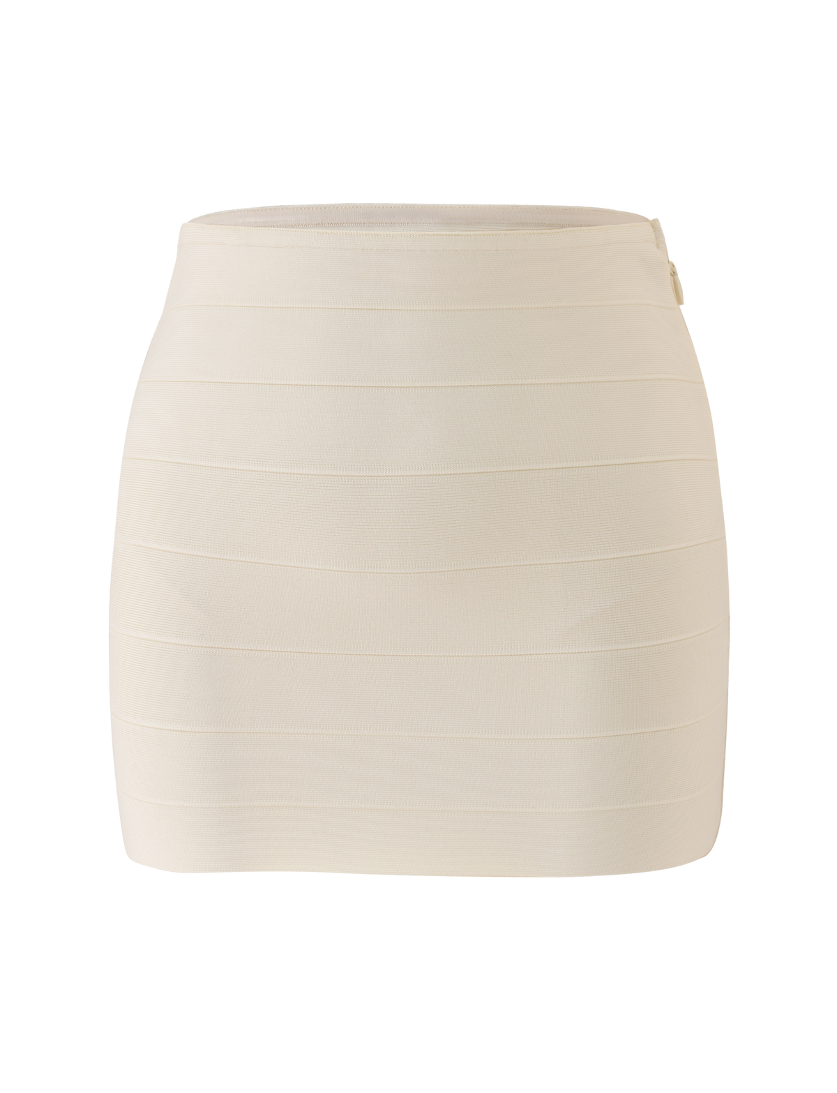 The TIGERMIST NYX BANDAGE MINI SKIRT in cream is a high-waisted, body-hugging mini skirt with horizontal panel detailing, shown against a plain white background.