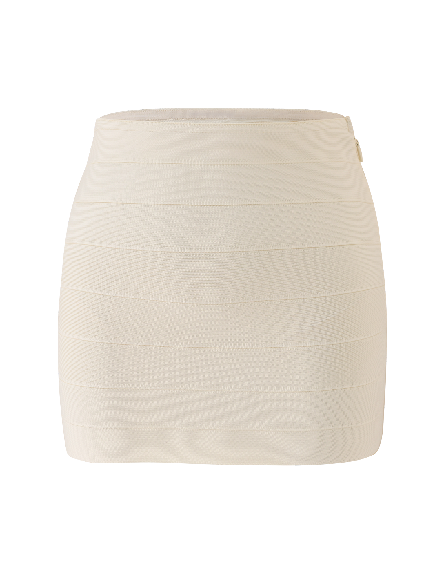 The TIGERMIST NYX BANDAGE MINI SKIRT in cream is a high-waisted, body-hugging mini skirt with horizontal panel detailing, shown against a plain white background.