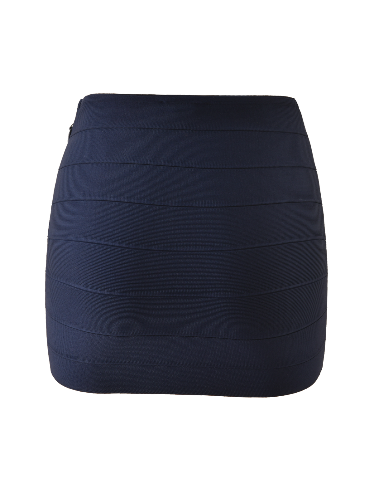 The TIGERMIST NYX BANDAGE MINI SKIRT in navy blue, featuring a form-fitting silhouette and horizontal banded detailing, is shown against a plain white background.