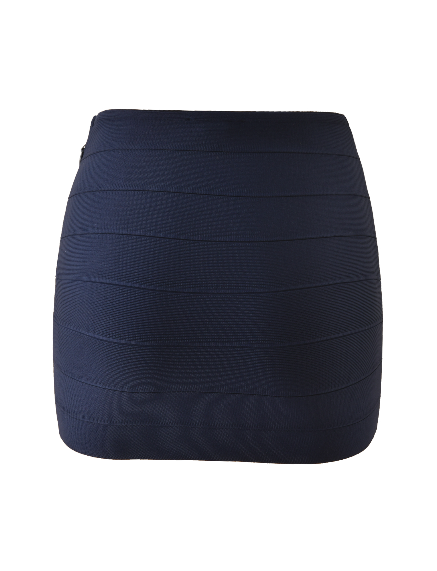The TIGERMIST NYX BANDAGE MINI SKIRT in navy blue, featuring a form-fitting silhouette and horizontal banded detailing, is shown against a plain white background.