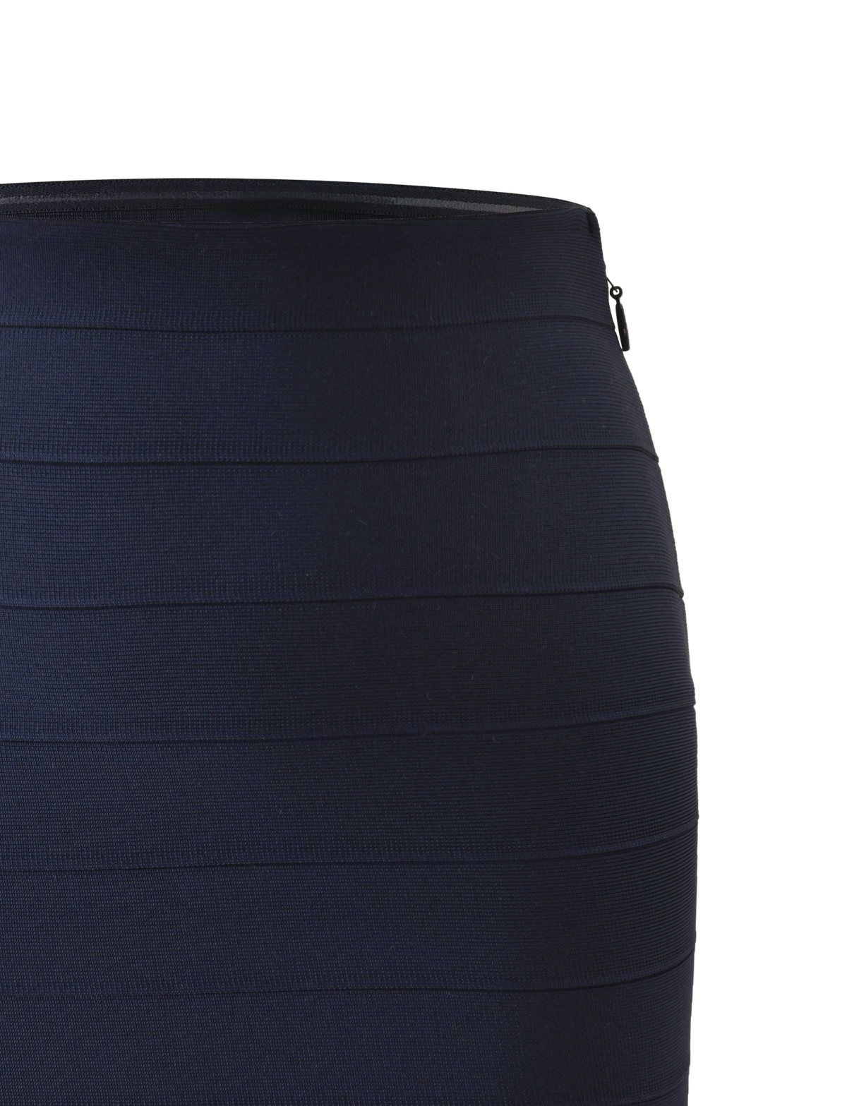 A close-up of the TIGERMIST NYX BANDAGE MINI SKIRT in navy blue, featuring horizontal ribbed textures and a side zipper, highlights its body-hugging fit against a plain white background.
