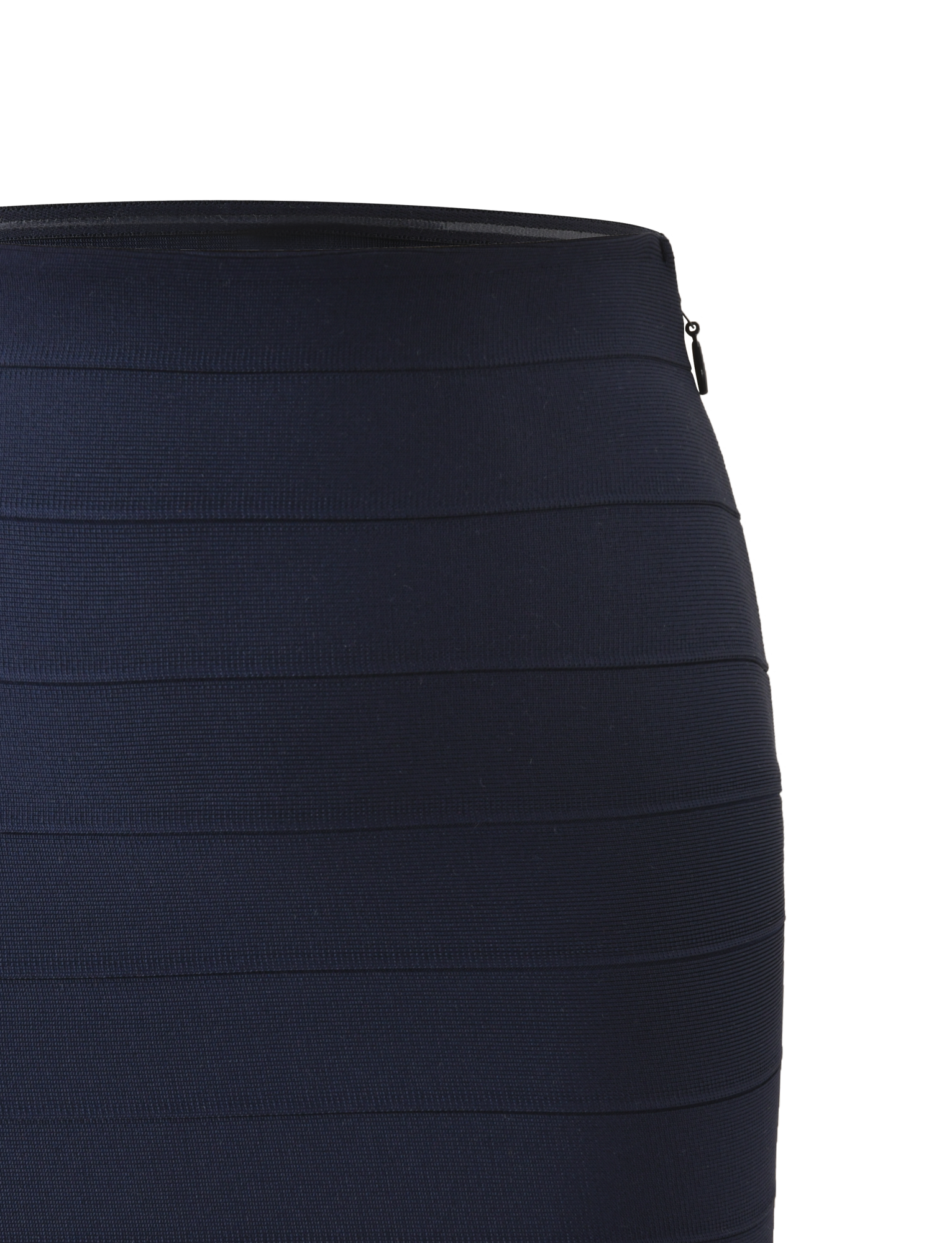 A close-up of the TIGERMIST NYX BANDAGE MINI SKIRT in navy blue, featuring horizontal ribbed textures and a side zipper, highlights its body-hugging fit against a plain white background.