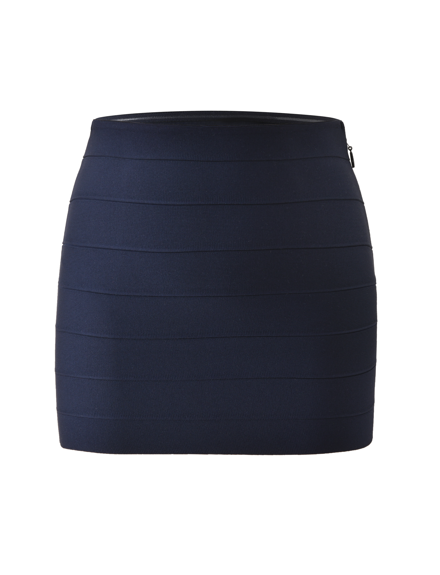 The TIGERMIST NYX BANDAGE MINI SKIRT in navy blue is a high-waisted, fitted skirt featuring horizontal panel detailing, showcased against a white background.