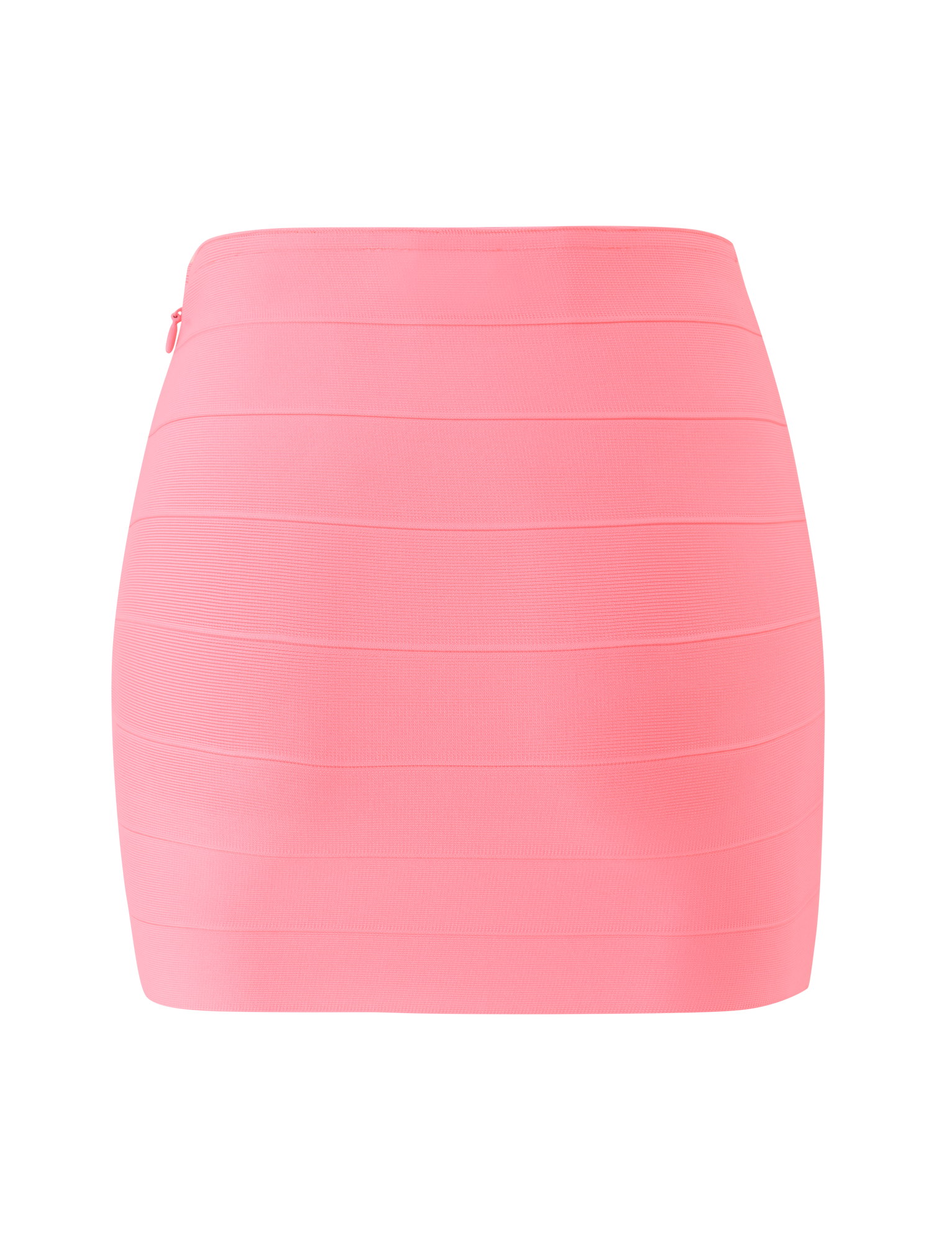 The TIGERMIST NYX BANDAGE MINI SKIRT in Neon Guava is a high-waisted, fitted mini skirt with horizontal banded detailing, shown on a plain white background.