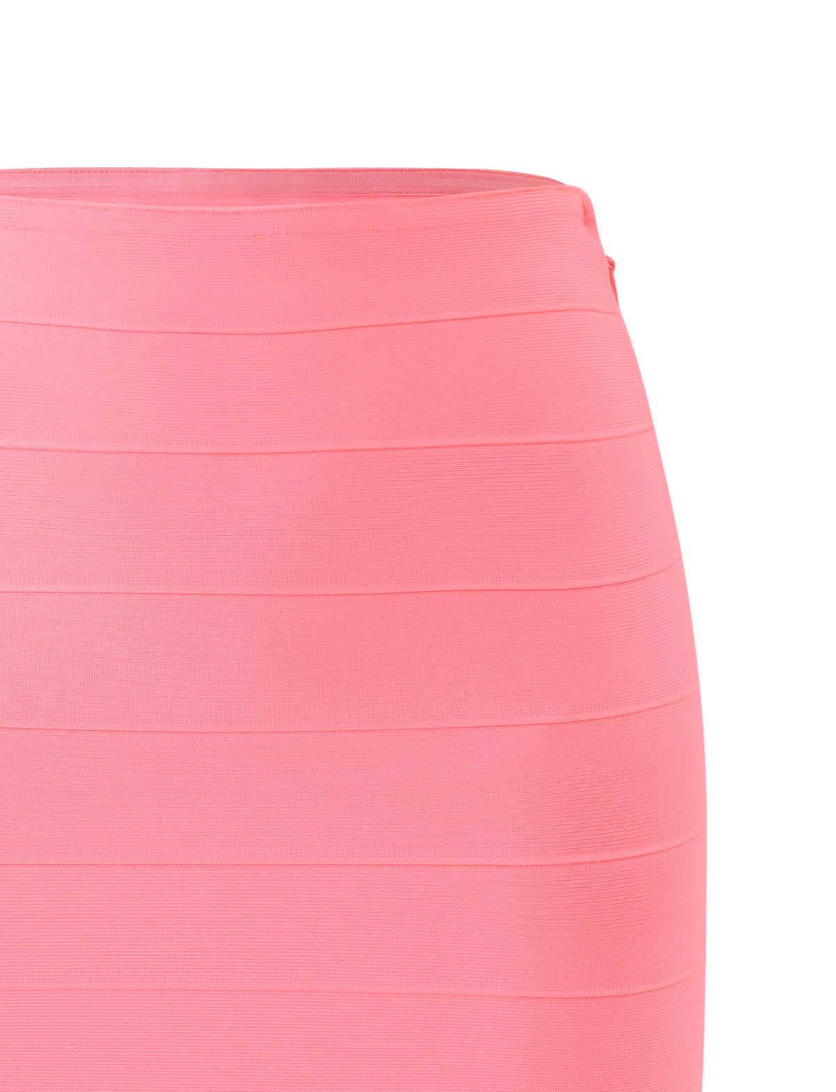Close-up of the TIGERMIST NYX BANDAGE MINI SKIRT in Neon Guava, showing its high-waisted, body-hugging fit and horizontal panel details against a plain white background.