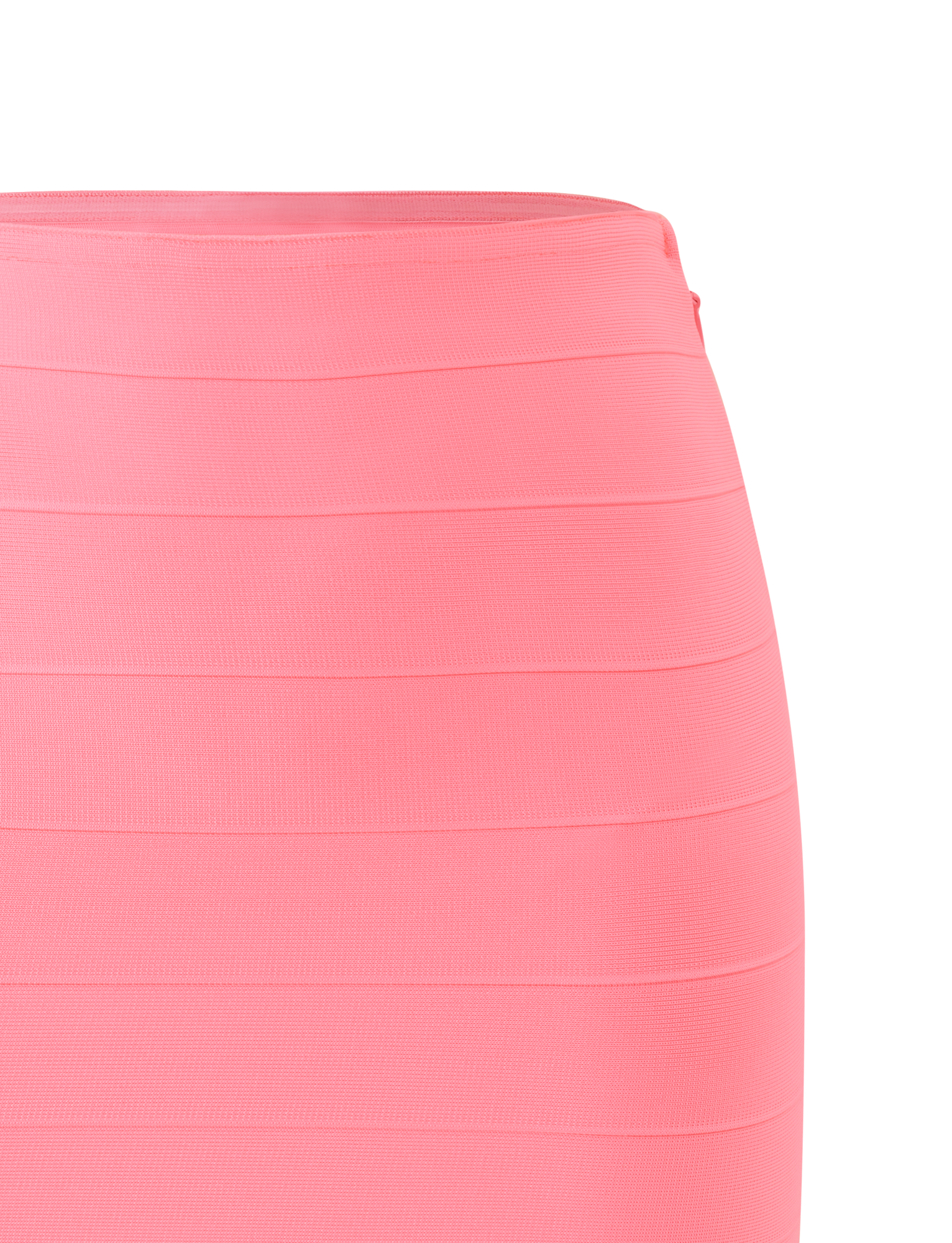 Close-up of the TIGERMIST NYX BANDAGE MINI SKIRT in Neon Guava, showing its high-waisted, body-hugging fit and horizontal panel details against a plain white background.